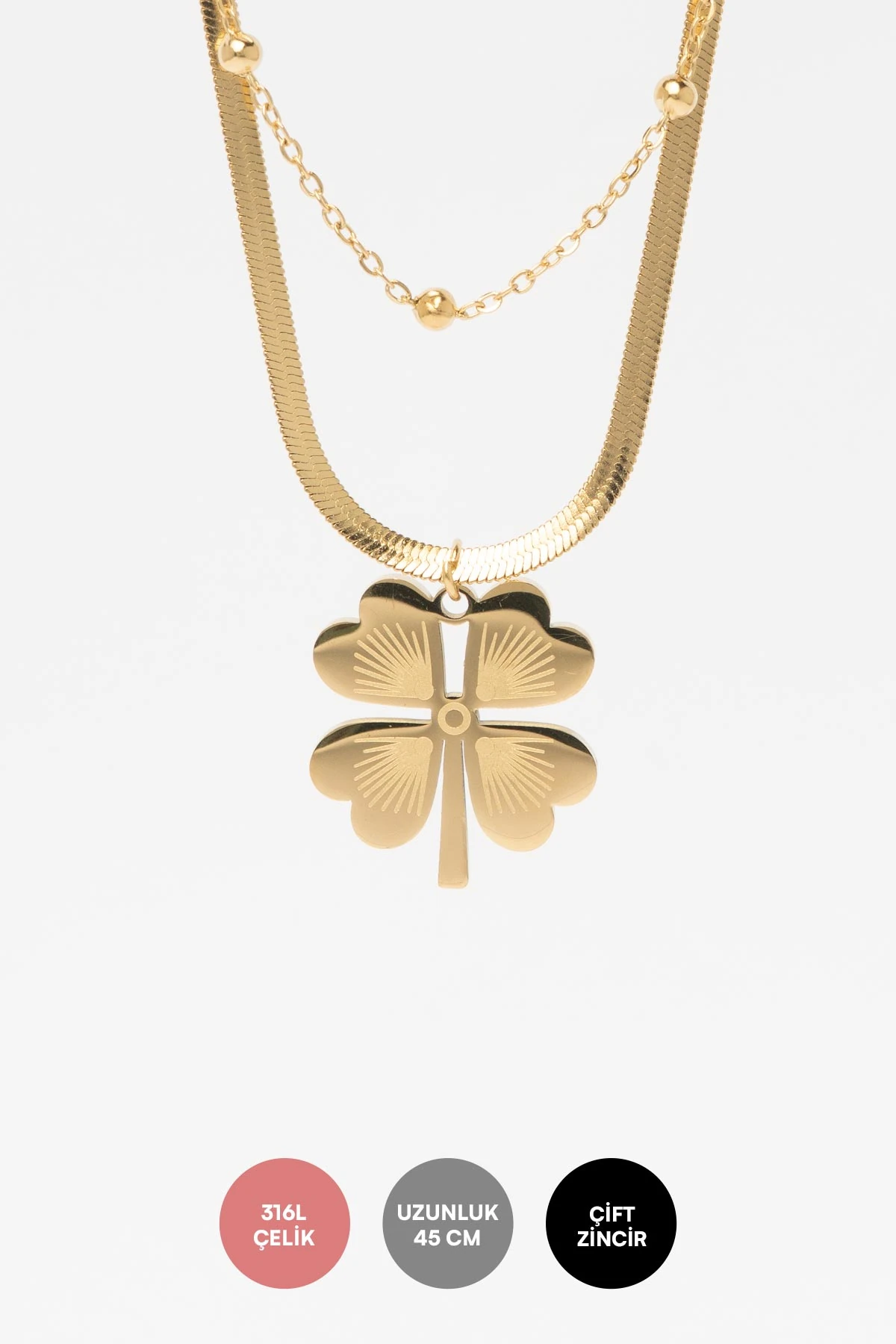 Çift Zincir Tasarım Topçuk Detay Gold Yonca Çelik Kolye 45 Cm AKL1580
