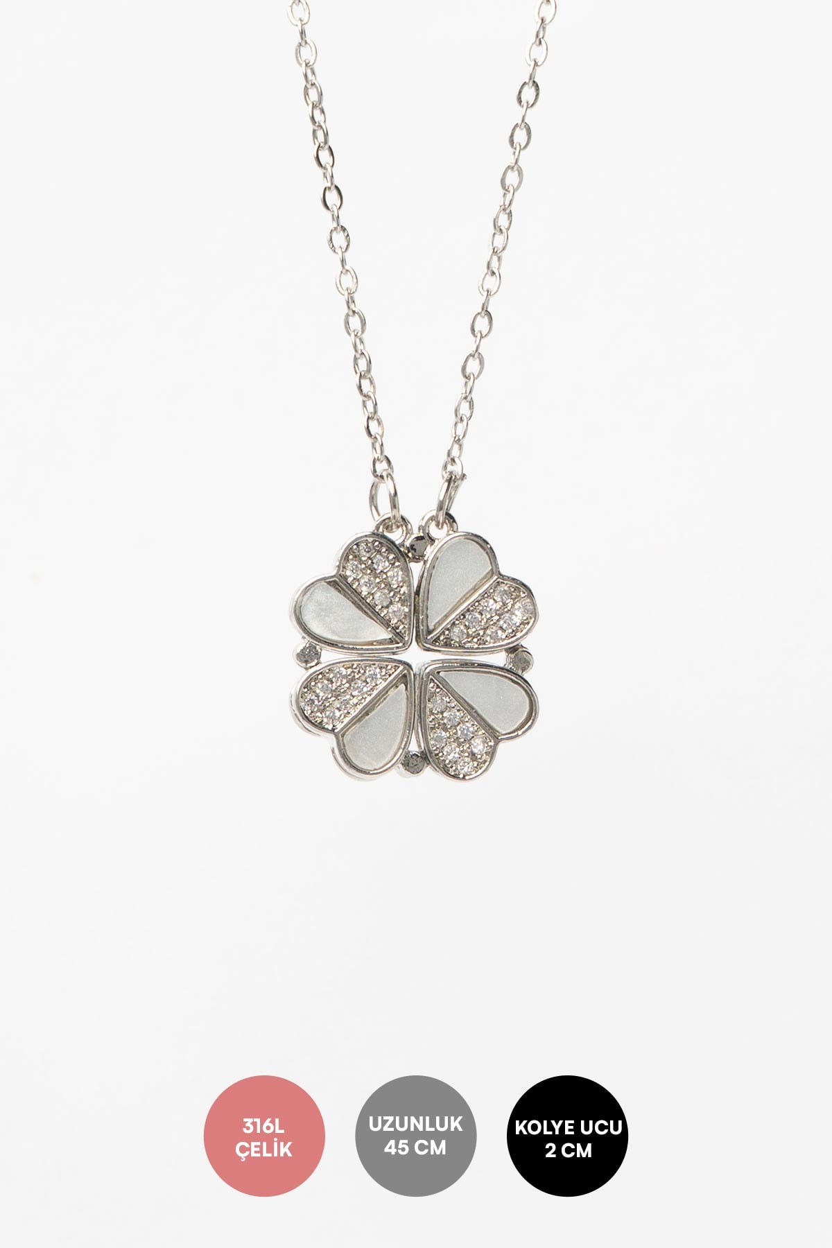 Silver Minimal Zincir Zirkon Ve Sedef Detay Kalp Tasarım Yonca Çelik Kolye 45 cm AKL4157