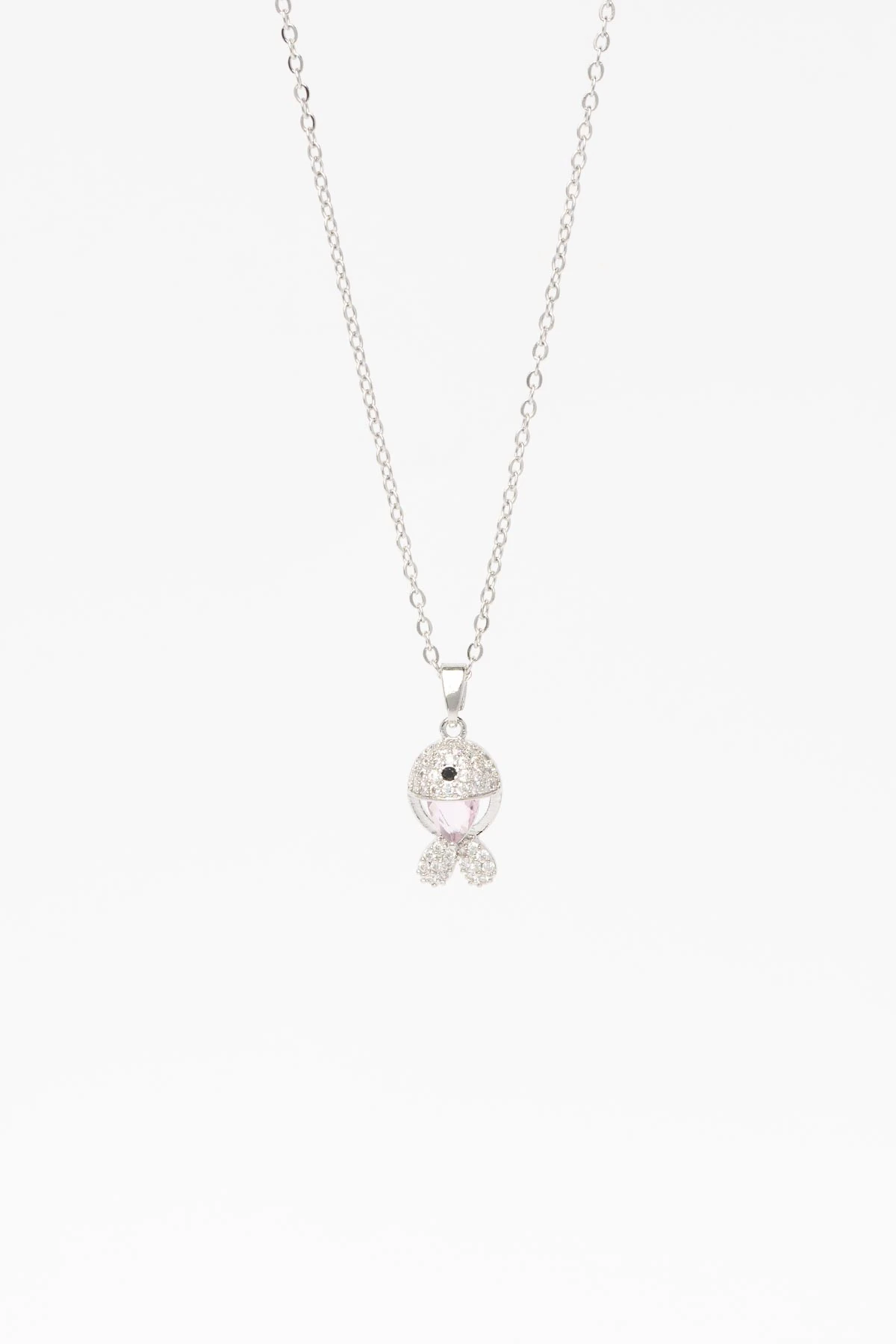 Silver Pembe Kristal Taş Ve Zirkon Detay Balık Sallantılı 45cm Çelik Kolye AKL4313