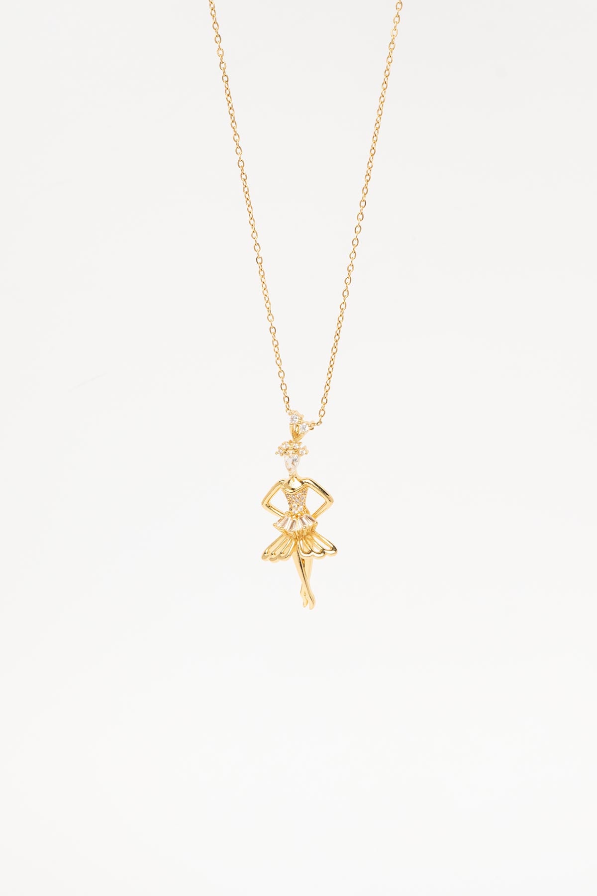 Gold Kristal Taş Detay Büyük Balerin Sallantılı 45cm Çelik Kolye AKL4351