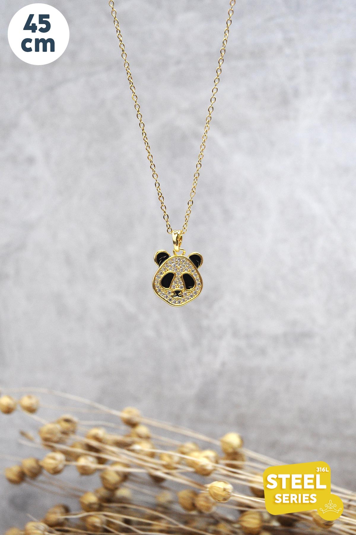 Gold Zirkon Taş Detay Panda Çelik Kolye AKL2493