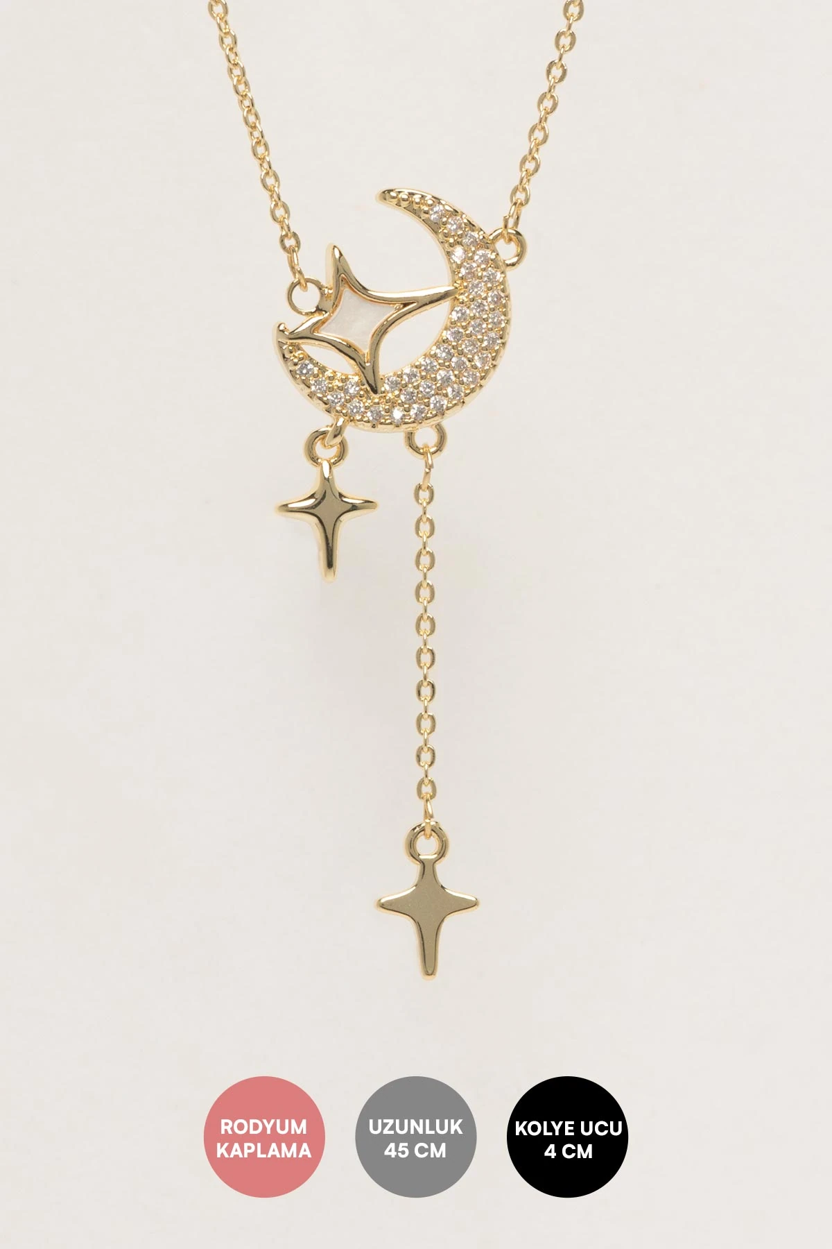 Gold Zirkon Ay Sedef Yıldız Sallantılı Luxury Kolye AKL4409
