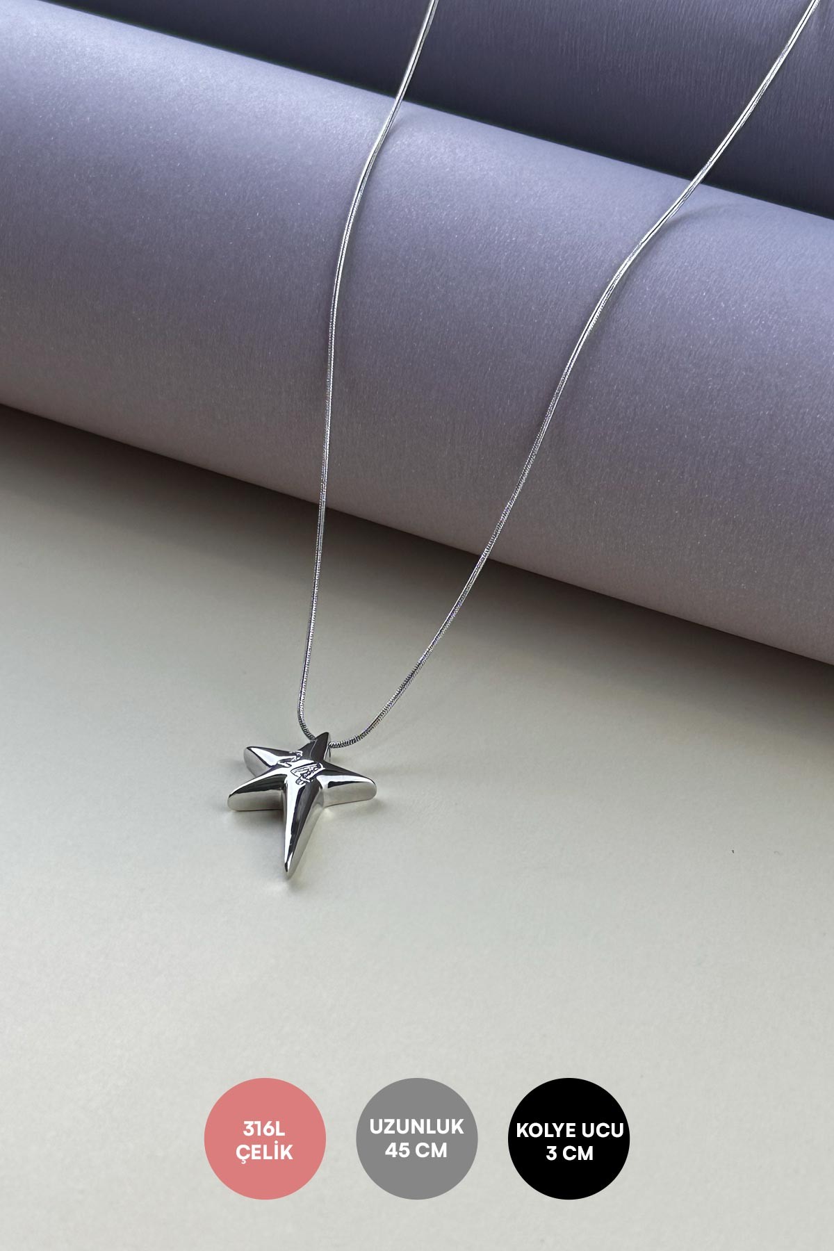 Silver Boru Zincir Kalın Kutup Yılıdız Sallantılı 45cm Çelik Kolye AKL4009
