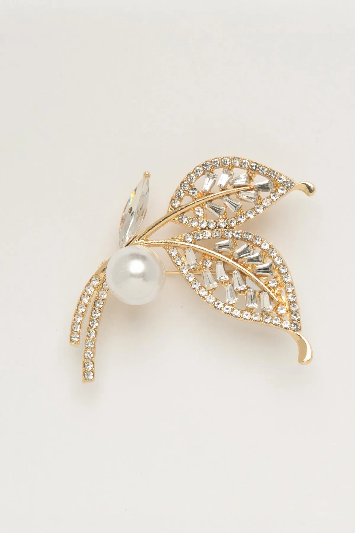Kristal Taş Yaprak İnci Detay Çiçek Yaka Broşu ABR9208