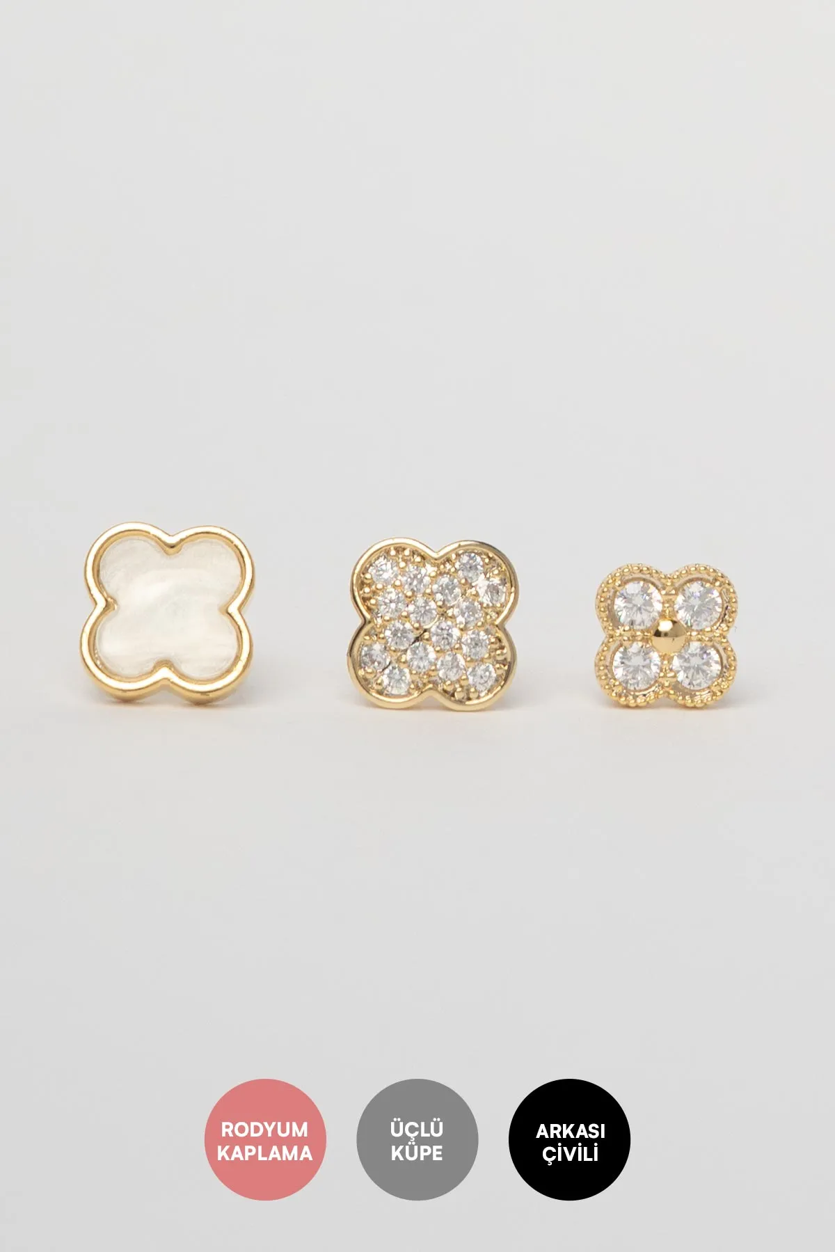 Gold Sedef Ve Zirkon Detay Dört Yaprak Yonca Çoklu Glory Küpe AKE9721