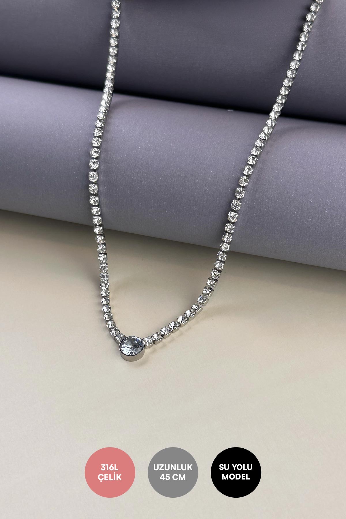 Silver Suyolu Tasarım Oval Kristal Çelik Kolye 45 cm AKL3894