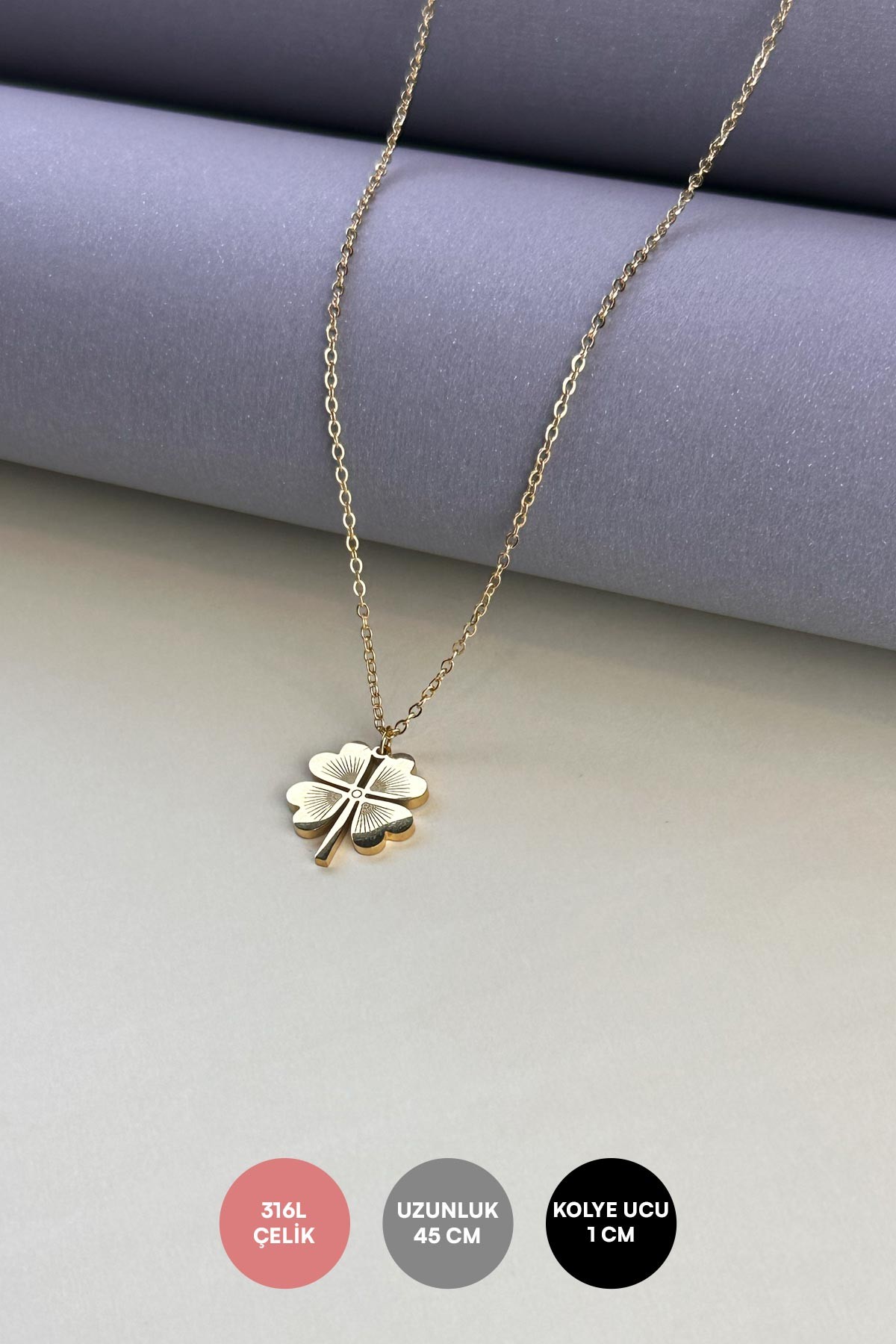 Minimal Zincir Gold Yonca Çelik Kolye 45 Cm AKL2316