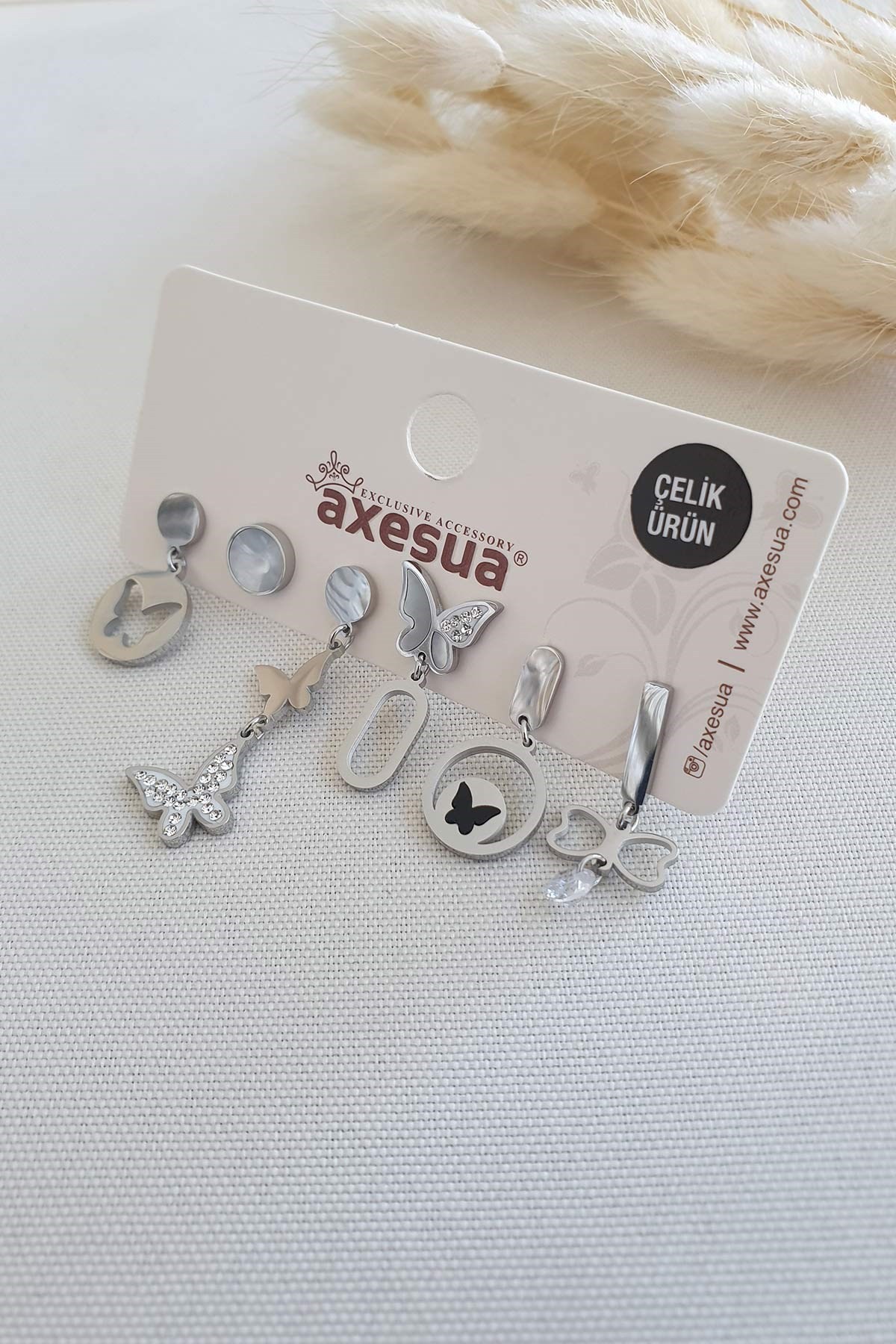 Butterfly Silver 6'lı Çelik Küpe Ake3392