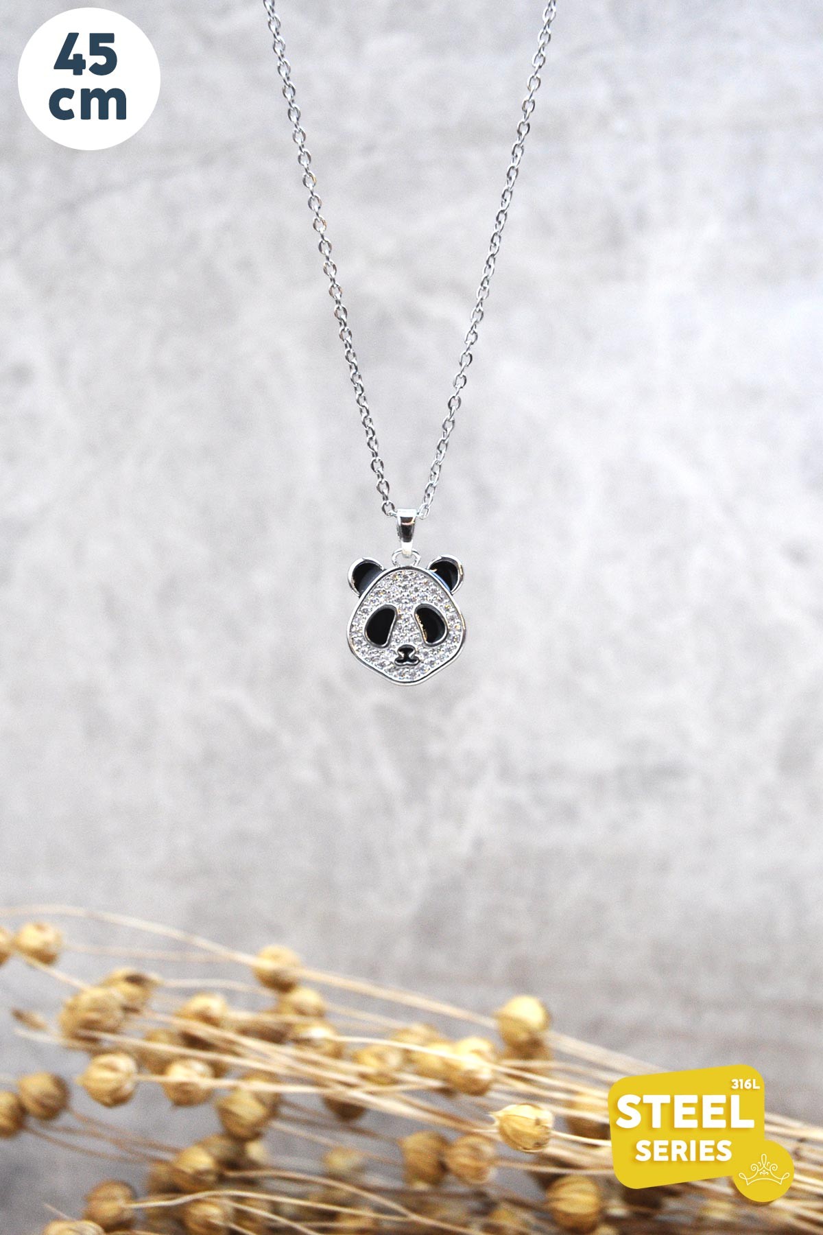 Silver Zirkon Taş Detay Panda Çelik Kolye AKL2494