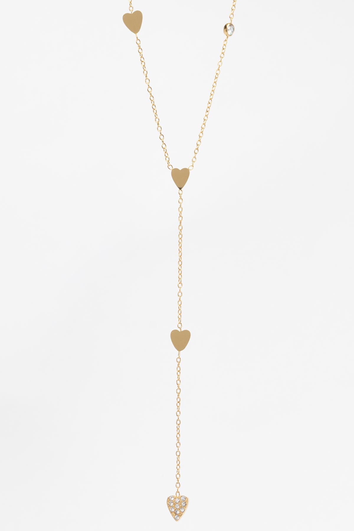 Gold Minimal Zincir Y Tasarım Zirkon Detay Kalp Ve Sade Kalpler Sallantılı 45cm Çelik Kolye AKL4165