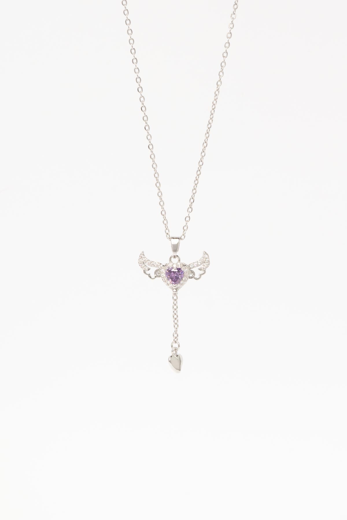 Silver Zirkon Kanatlı Mor Kristal Kalp Sallantılı 45cm Çelik Kolye AKL4357