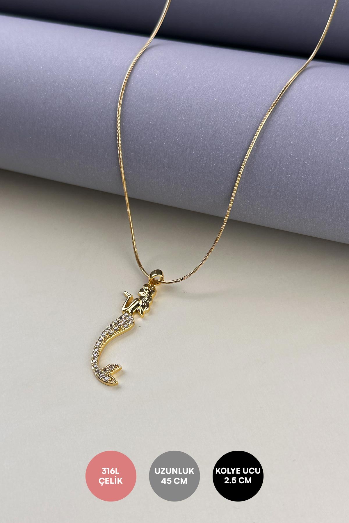 Gold Boru Zincir Tasarım Zirkon Kuyruklu Deniz Yıldızı Çelik Kolye 45 cm AKL3840