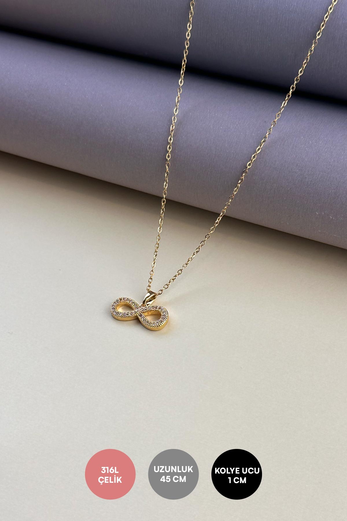 Gold Minimal Zincir Minimal Tektaş Kaplı Sonsuzluk İşareti Sallantılı Çelik Kolye 45 cm AKL4080