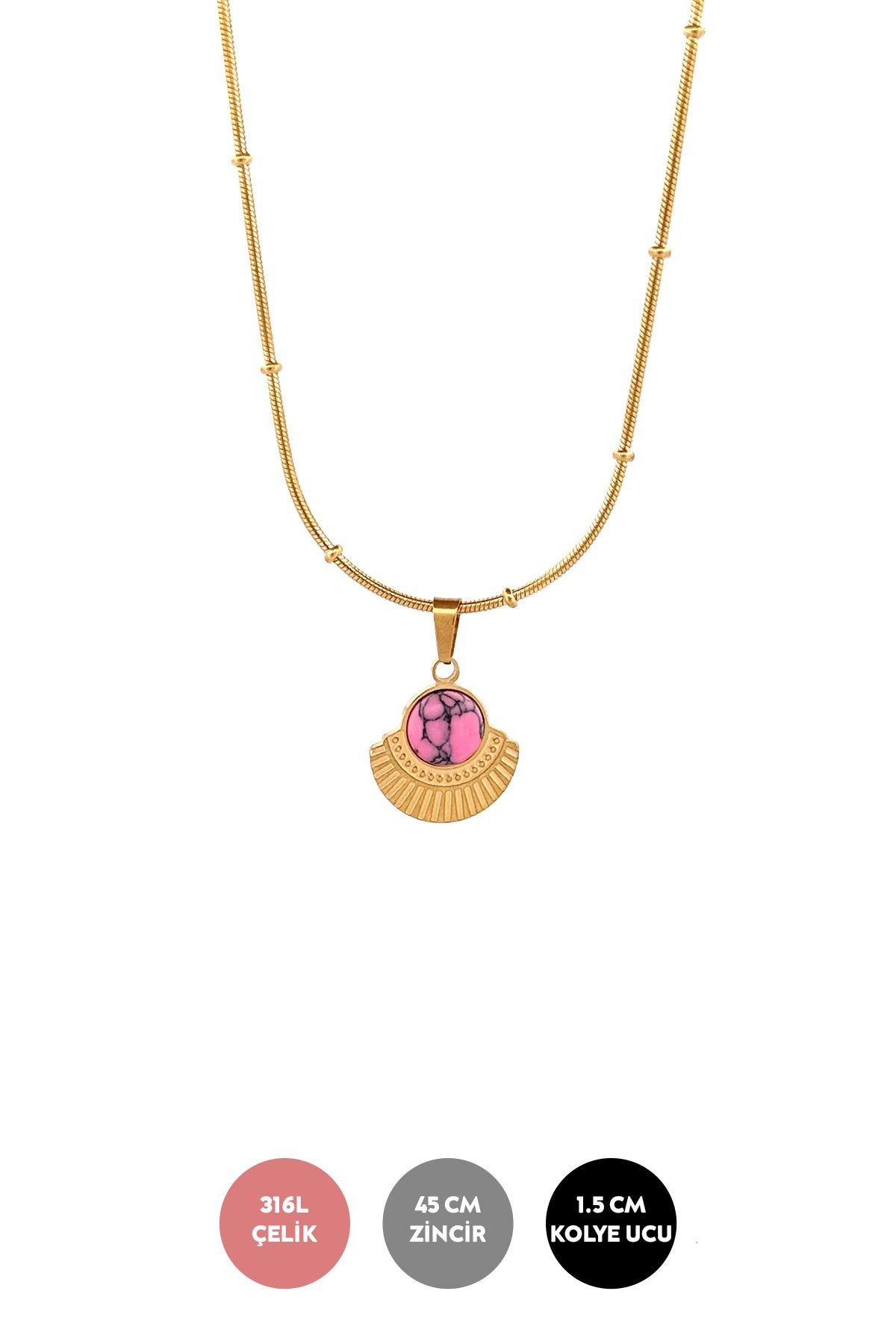 Gold Minimal Topçuklu Boru Zincir Pembe Firuze Sallantılı Çelik Kolye 45 cm AKL3790