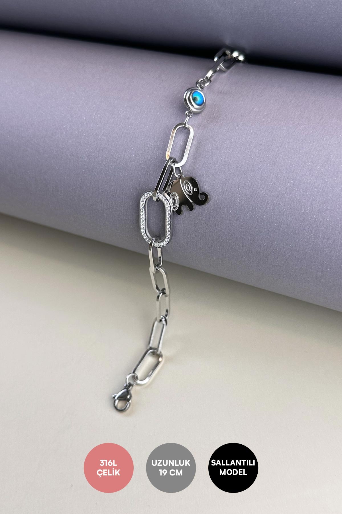 Silver Zirkon Mini Elephant Sallantılı Nazar Boncuk Detay Luplin Çelik Bileklik ABL6455