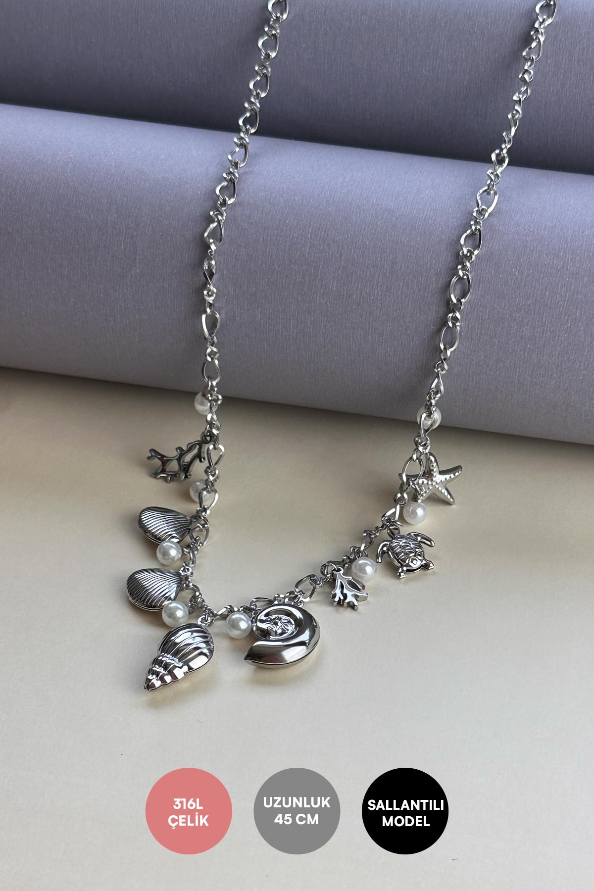 Silver Deniz Canlıları Sallantılı 60cm Çelik Kolye AKL3996