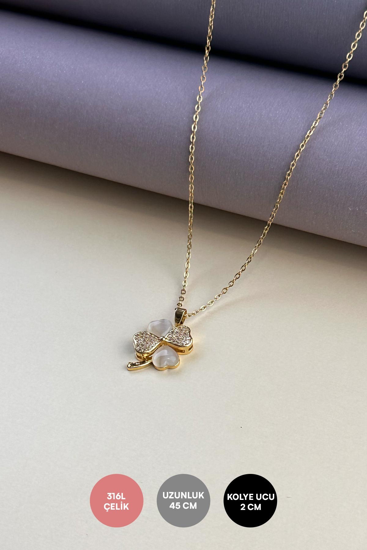 Gold Minimal Zincir Zirkon Ve Dolgulu Sedef Kalp Tasarım Yonca Sallantılı Çelik Kolye 45 cm AKL4090