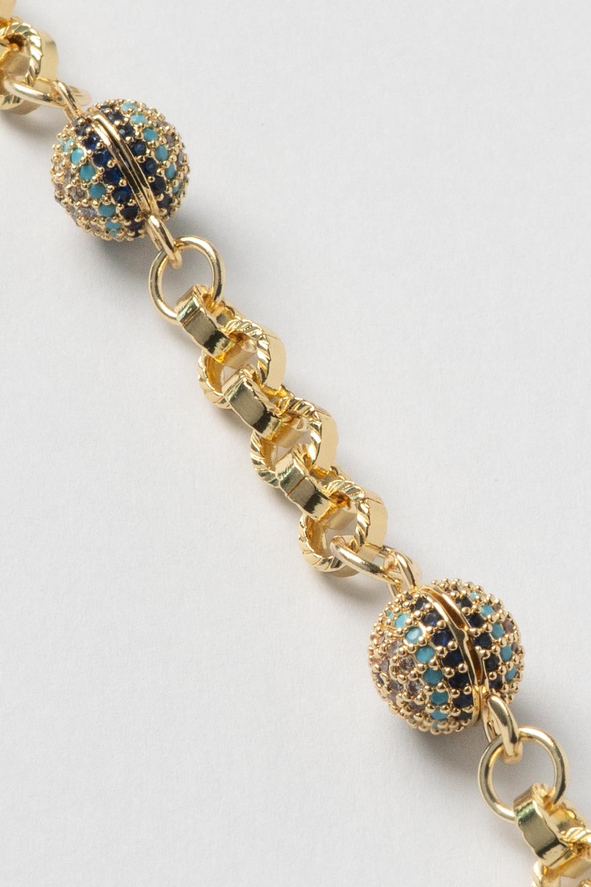 Gold 14K Sarmal Zincir Turkuaz Zirkon Detay Topçuk Sıralı Luxury Bileklik ABL7390