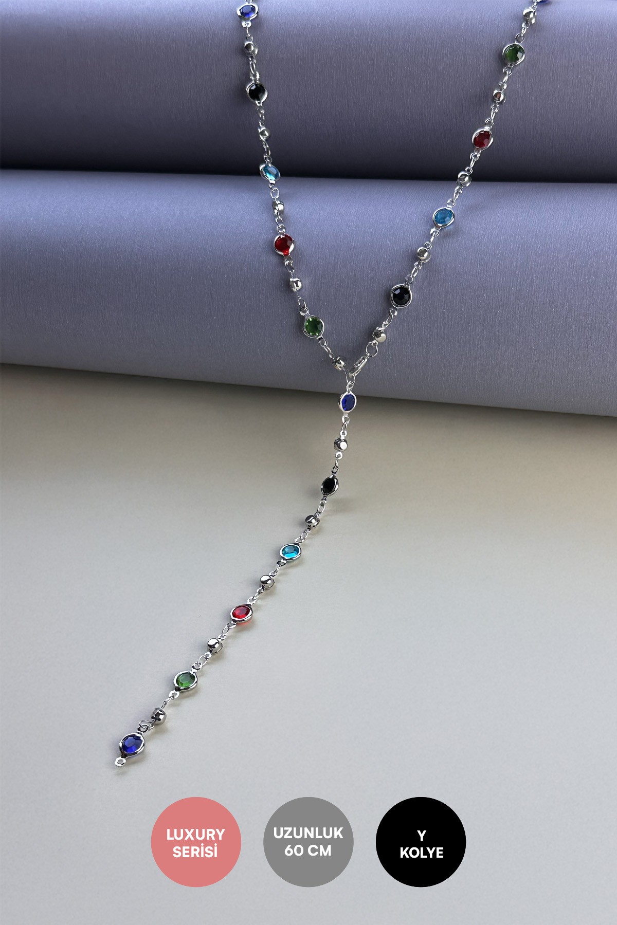 Silver Oval Kesim Renkli Taşlar Sıralı Y Tasarım Luxury Kolye AKL3979