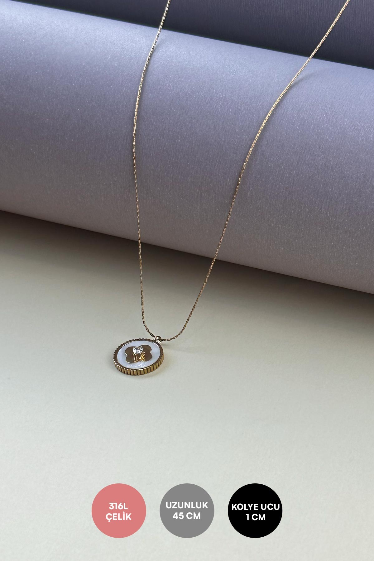 Gold Minimal Zincir Sedef Daire İçerisinde Tektaş Detay Yonca Tasarım Çelik Kolye 45 cm AKL3895