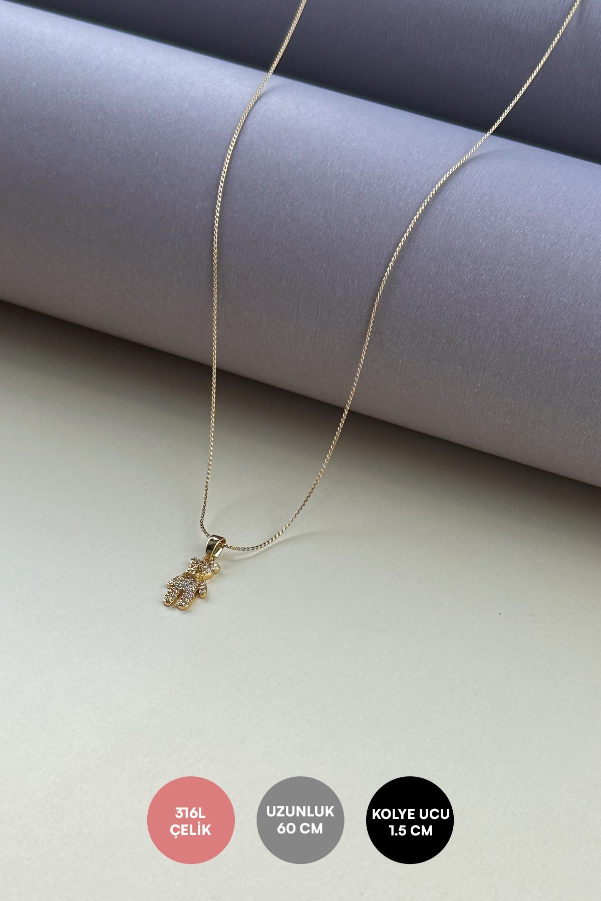 Gold Minimal Zincir Zirkon Ayıcık Çelik Kolye 60 cm AKL4022