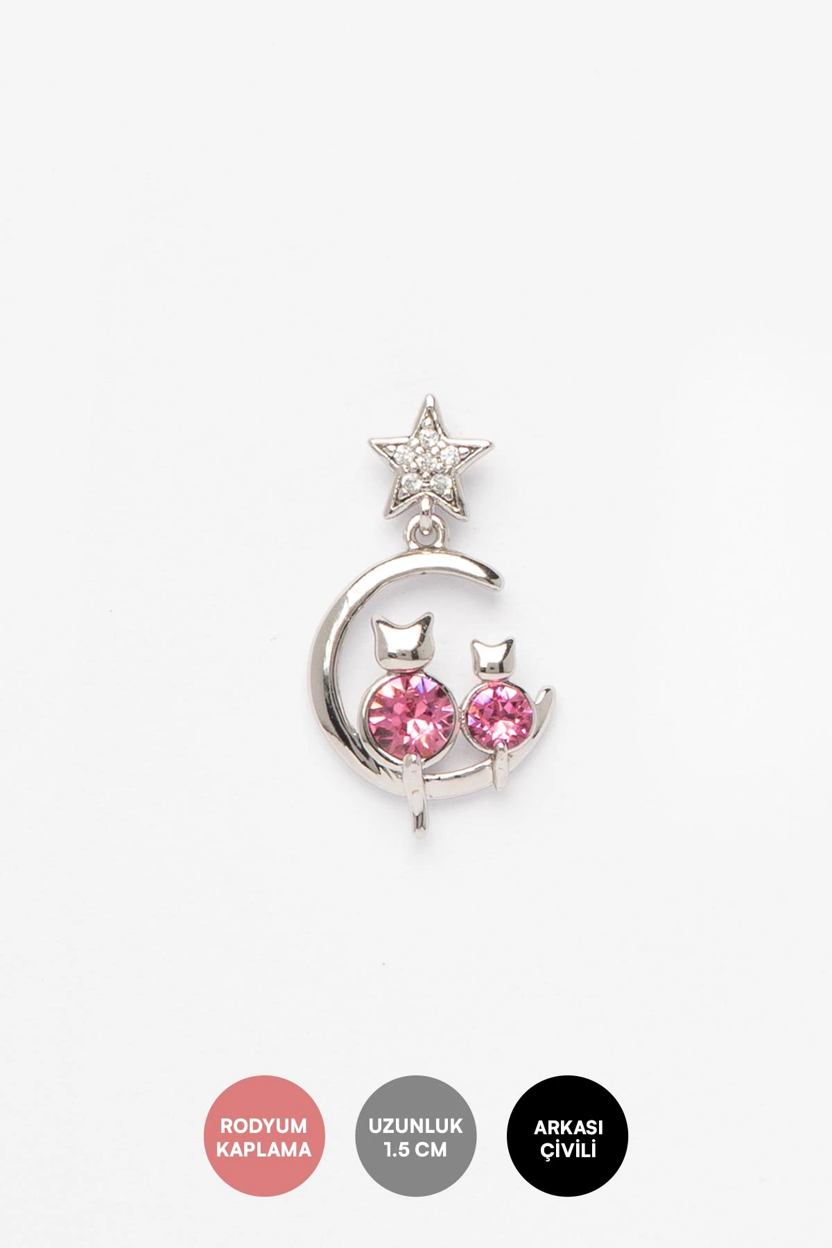 Silver Zirkon Detay Yıldız Ve Ayda Oturan Pembe Taşlı Kediler Luxury Küpe AKE9549