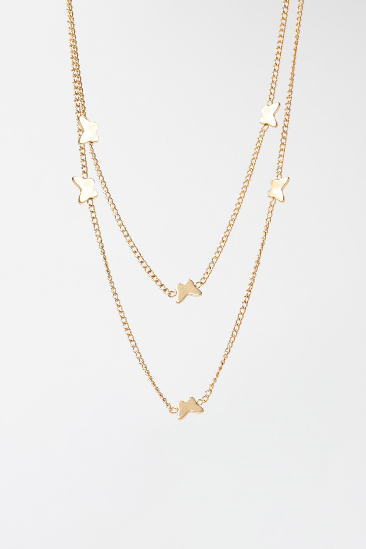 Gold Çift Zincir Minimal Kelebekler Sıralı 45cm Çelik Kolye AKL4191