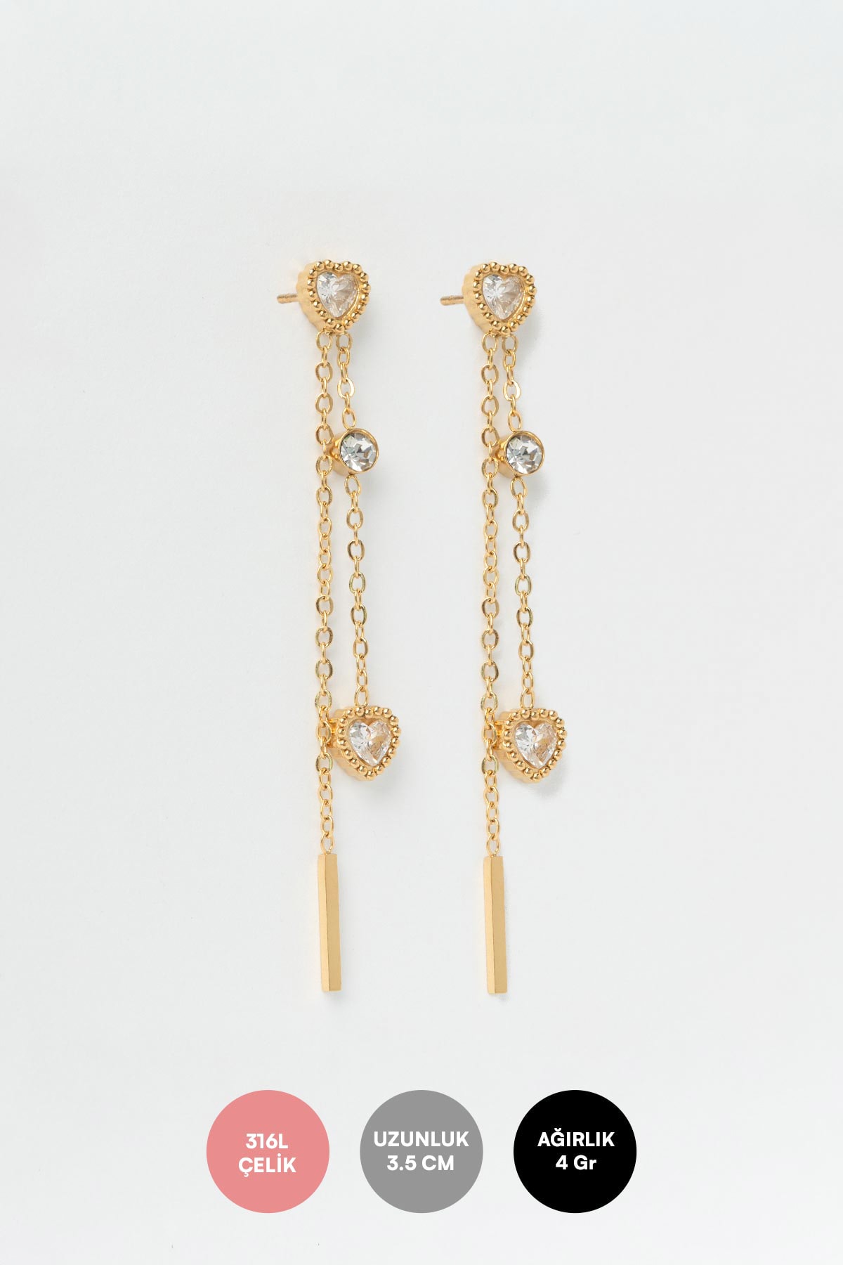 Gold Kristal Minimal Kalp Sallantılı Çelik Küpe AKE9268
