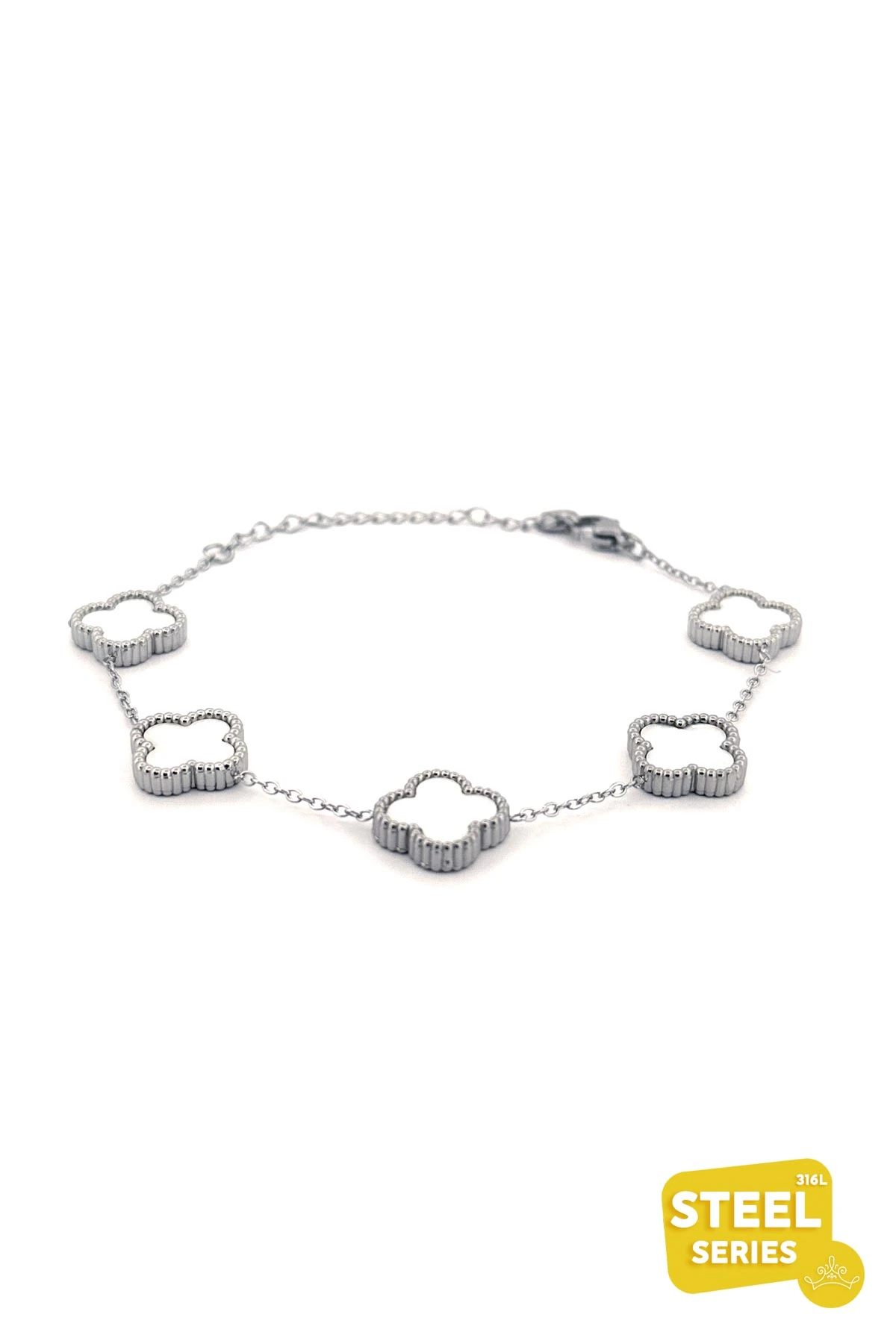 Çift Yönlü Silver Tırtıklı Tasarım Beyaz Sedefli Dört Yapraklı Yonca Çelik Künye Bileklik ABL6030