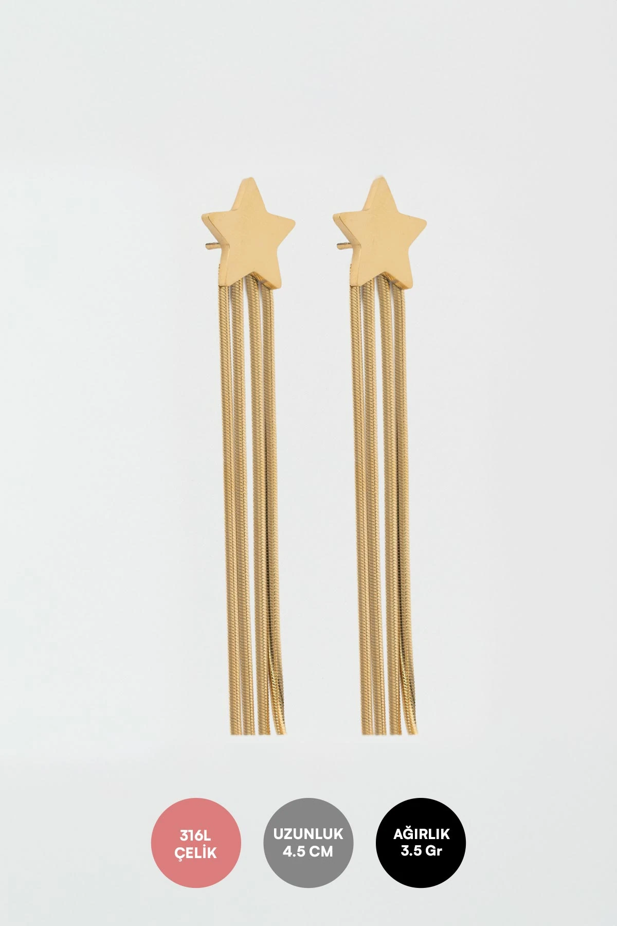 İtalyan Tasarım Saçaklı Gold Yıldız Çelik Küpe AKE6344