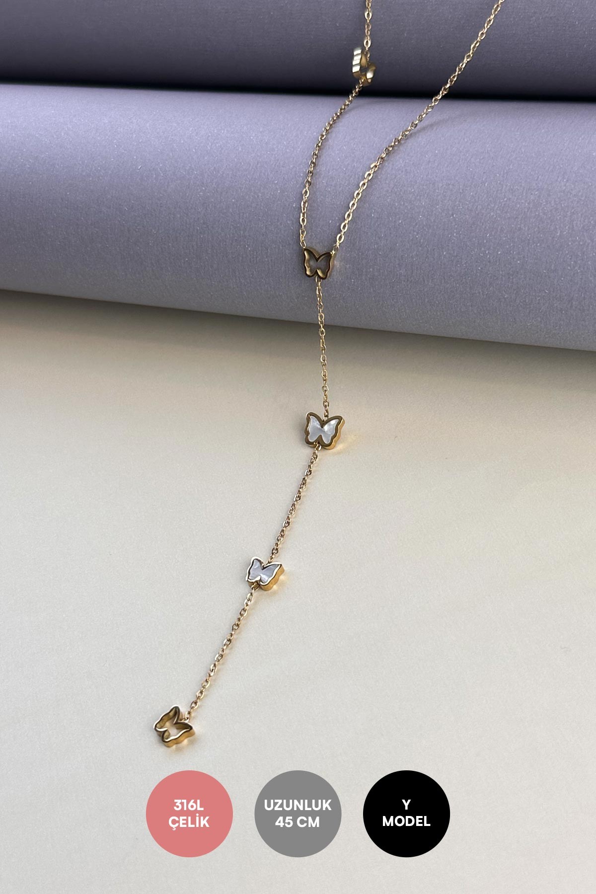 Gold Y Tasarım İçi Boş Ve Sedefli Kelebekler Çelik Kolye 45 cm AKL3908