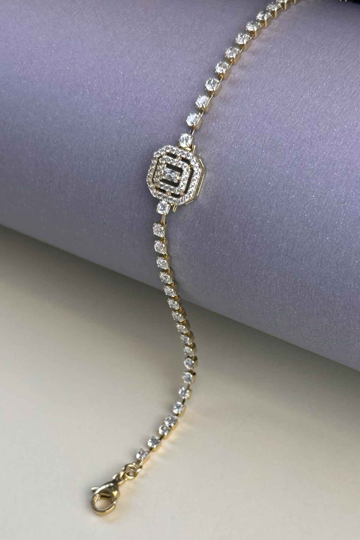 Gold Çift Sıra Zirkon Çerçeve Detay Kristal Minimal Sıra Taşlar Luxury Bileklik ABL7154