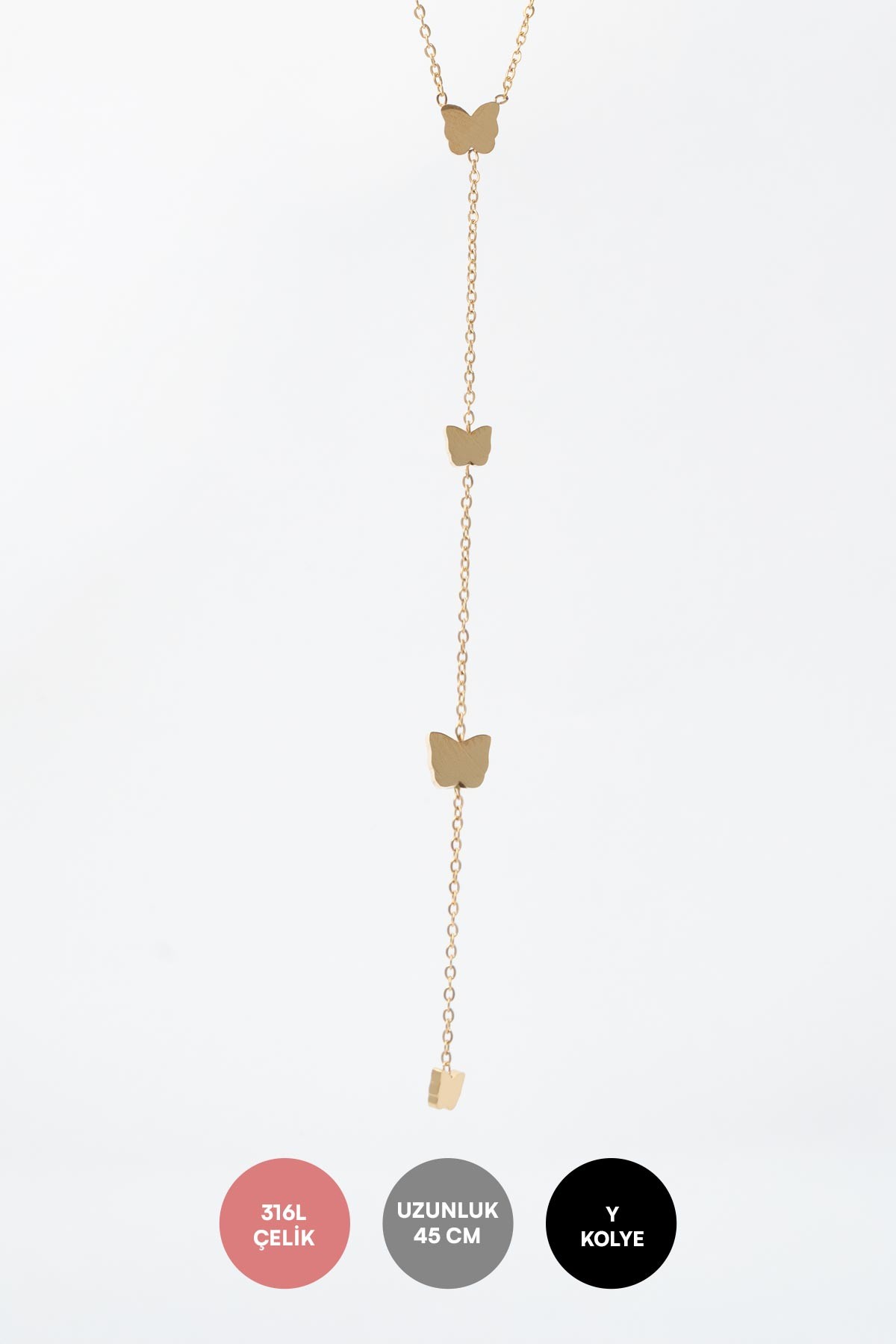 Gold Minimal Zincir Y Tasarım Mini Kelebek Sıralı 45cm Çelik Kolye AKL4182
