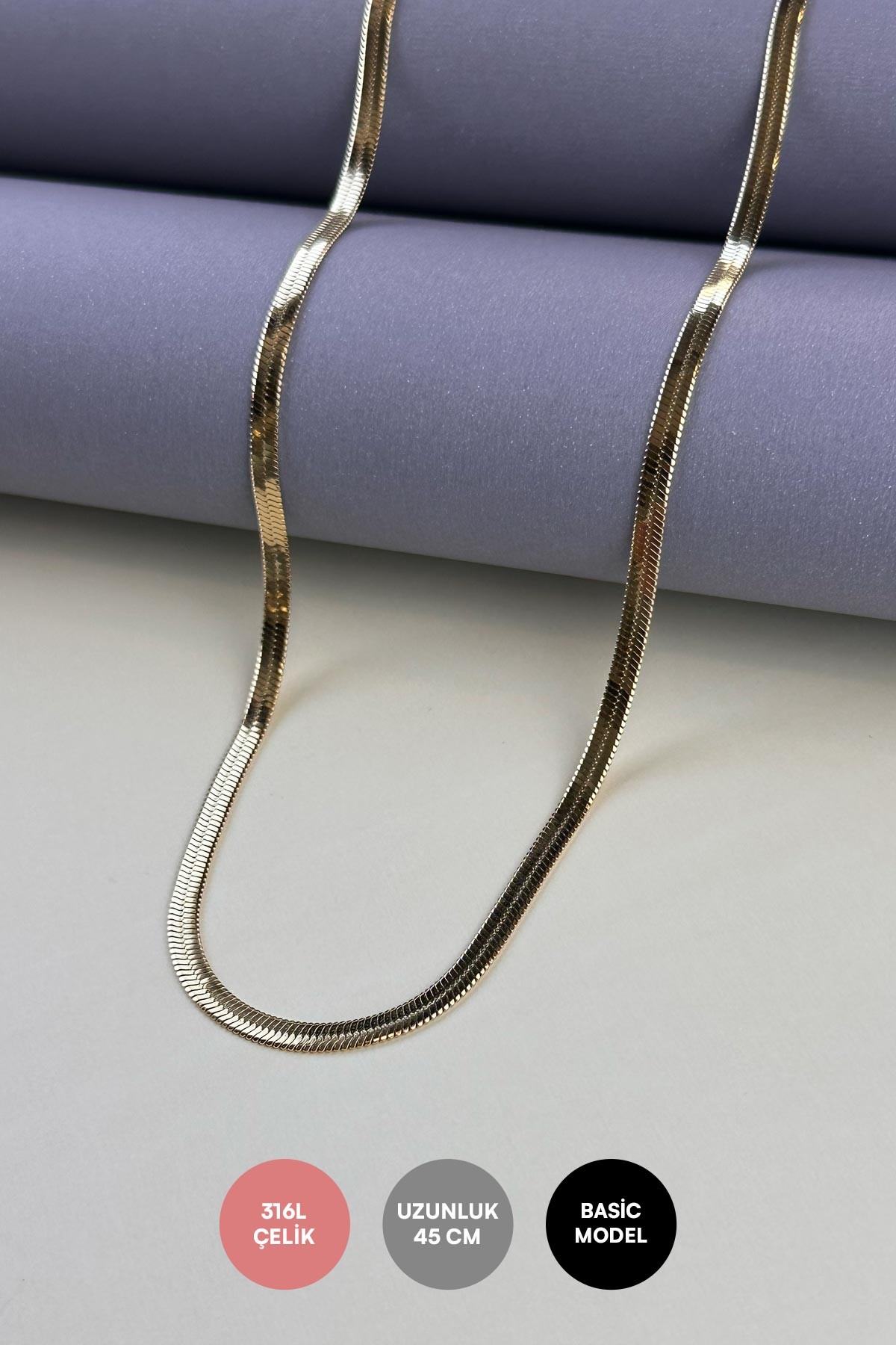 Gold Düz İtalyan Zincir Çelik Kolye 45 Cm AKL1038