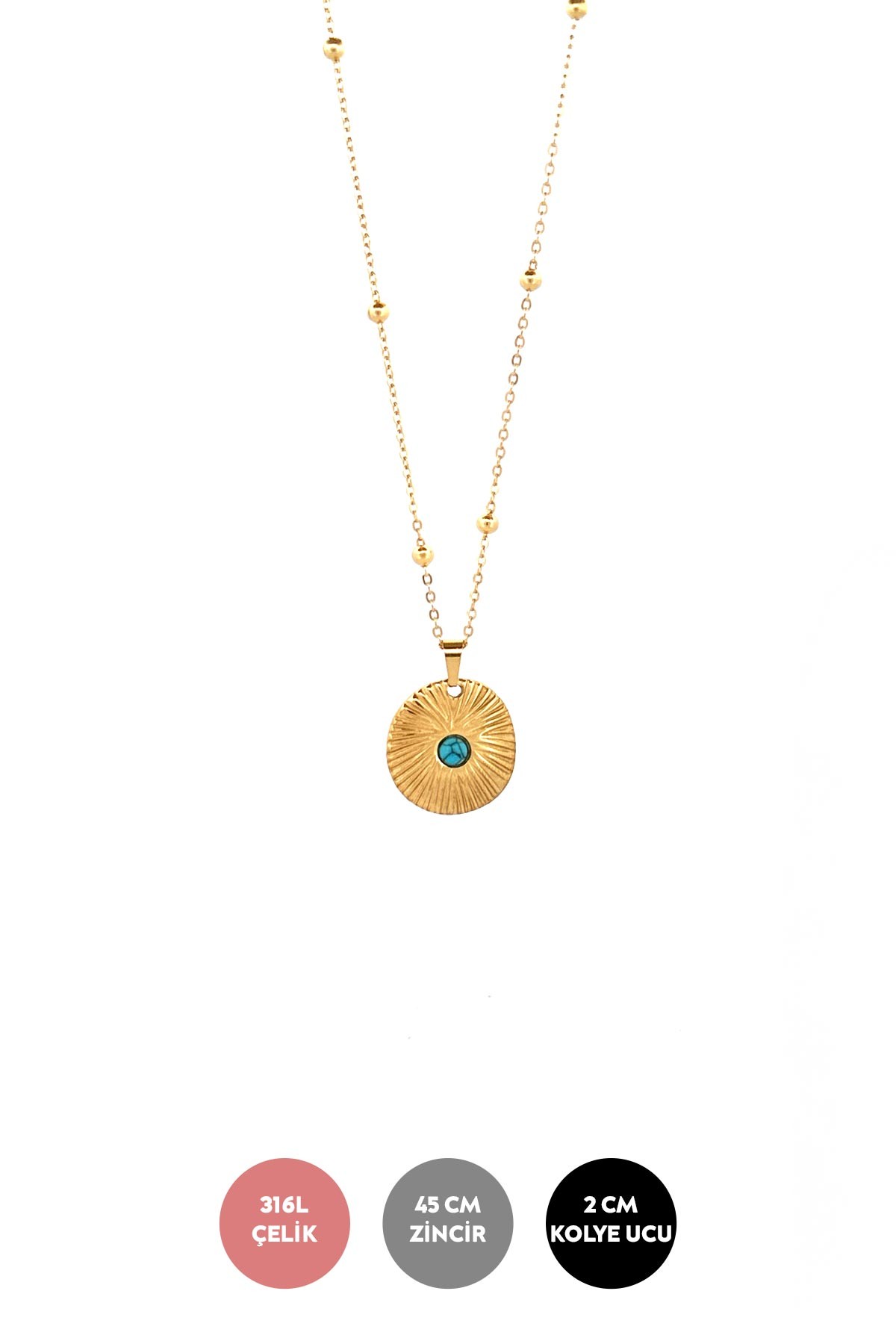 Gold Minimal Zincir Topçuk Detay Firuzeli Wintage Sallantılı Çelik Kolye 45cm AKL3791