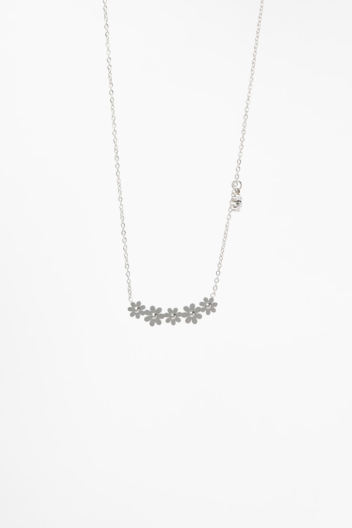Silver Minimal Zincir Beşli Mini Papatya Sıralı Çelik Kolye 45 cm AKL4097