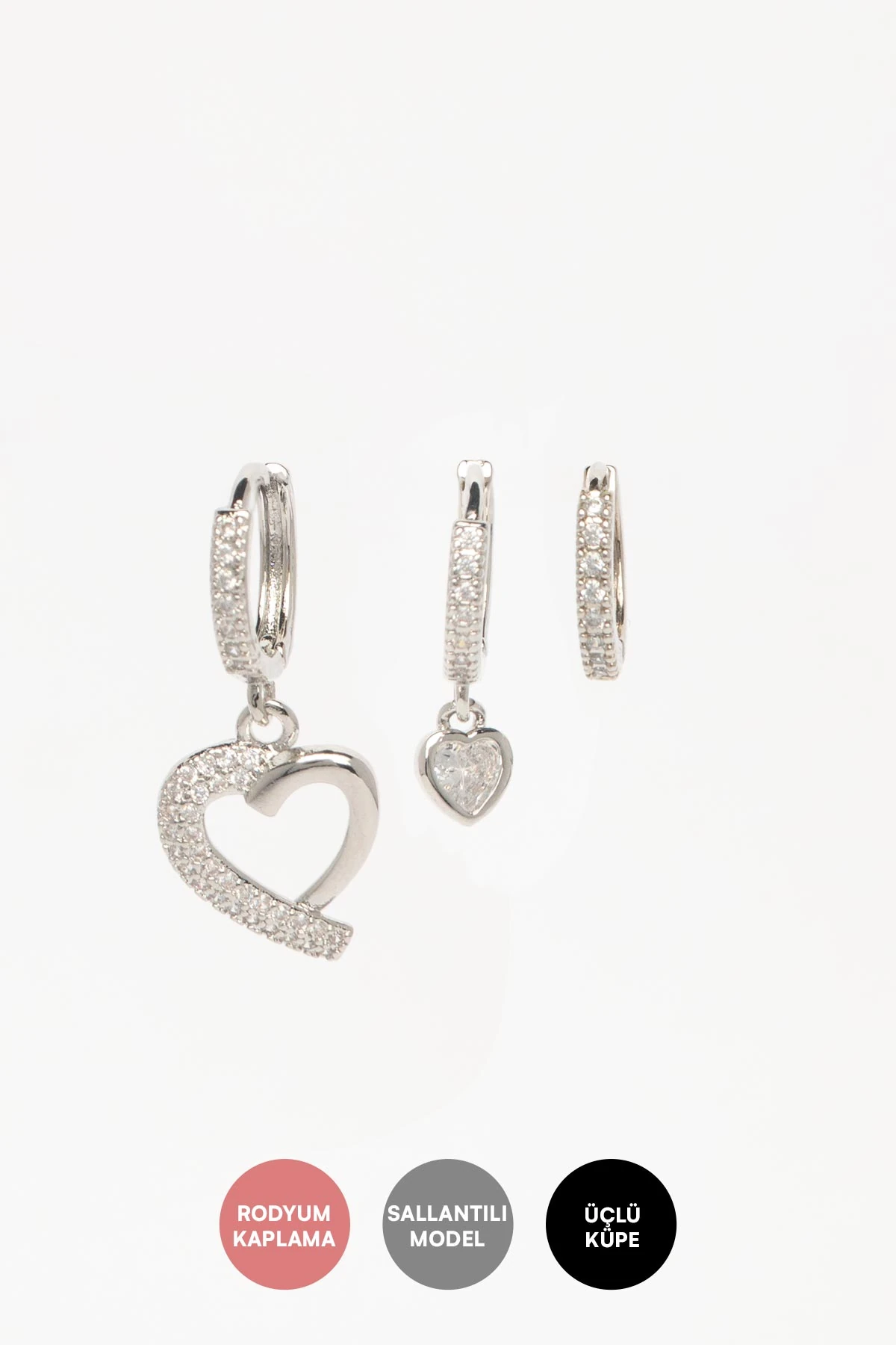 Silver Zirkon Detay Tektaş Ve Büyü Zirkon Detaylı Kalp Sallantılı Çoklu Glory Küpe AKE9440