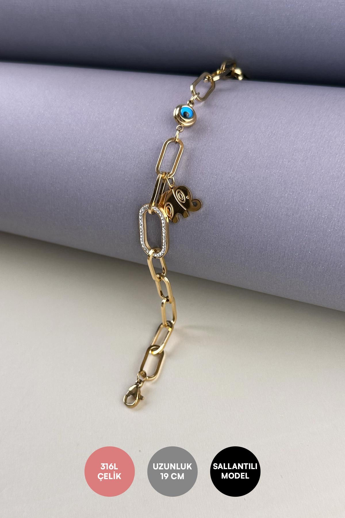 Gold Zirkon Mini Elephant Sallantılı Nazar Boncuk Detay Luplin Çelik Bileklik ABL6454