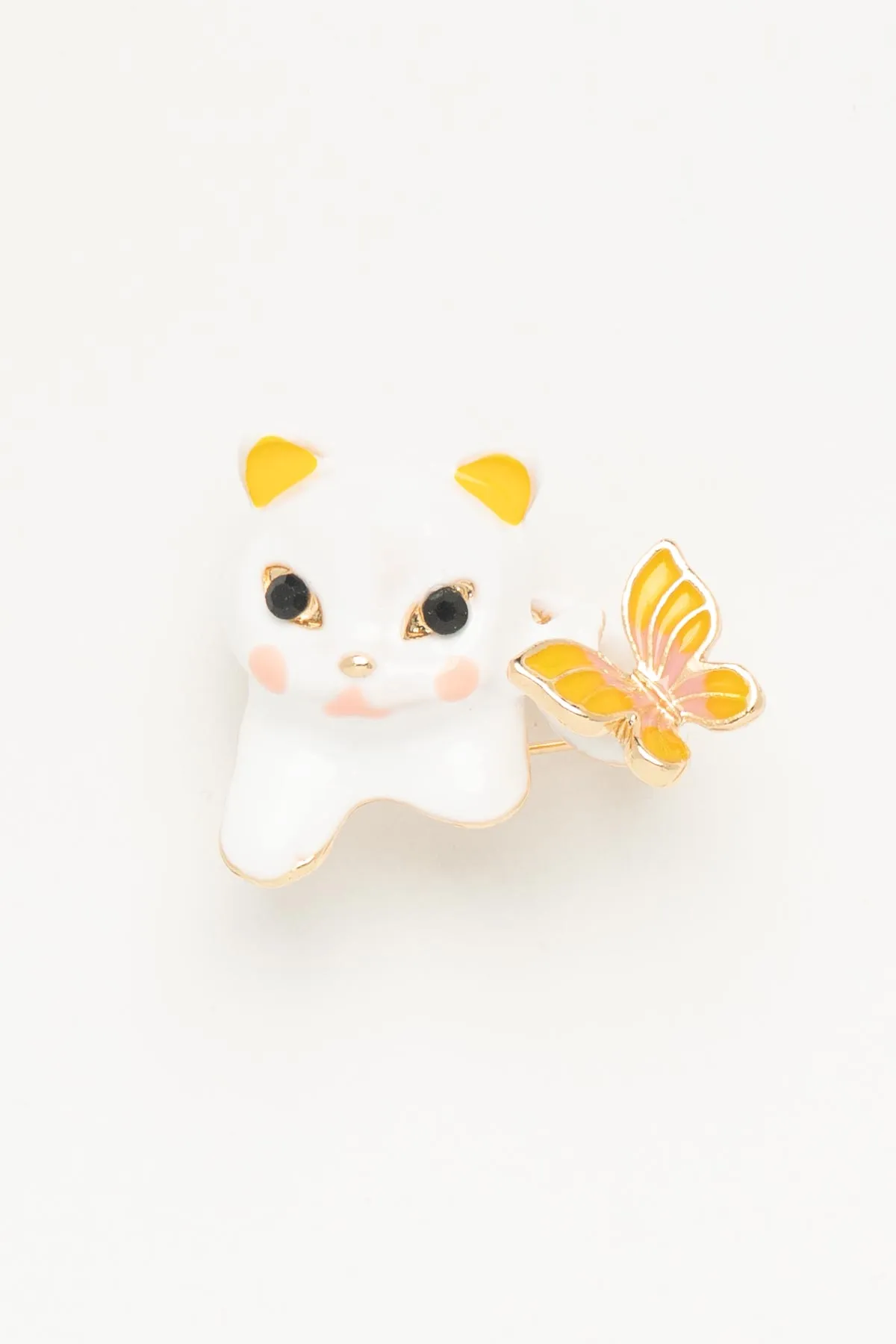 Kelebek Yakalayan Beyaz Kedi Yaka Broşu ABR9214