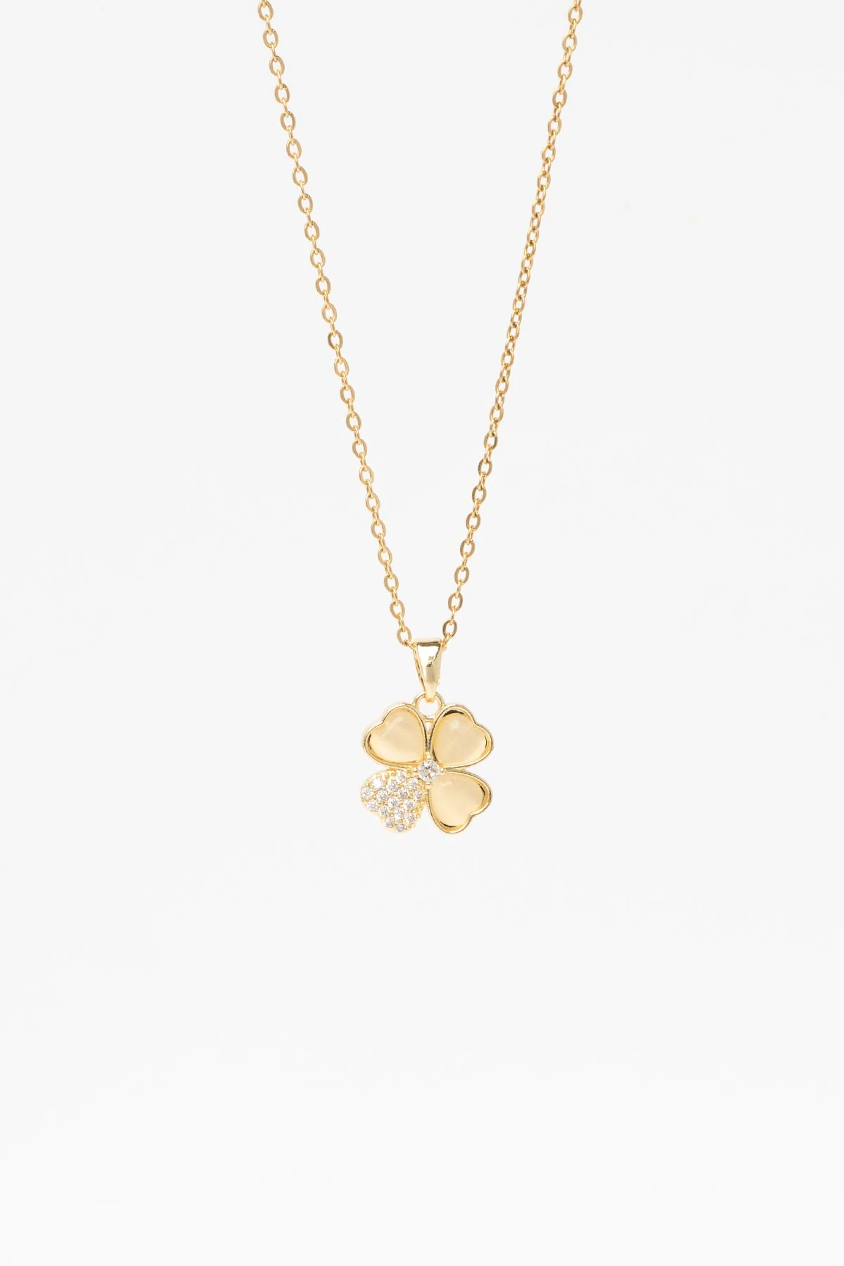 Gold Zirkon Detay Sedefli Minimal Dört Yaprak Yonca Sallantılı 45cm Çelik Kolye AKL4314