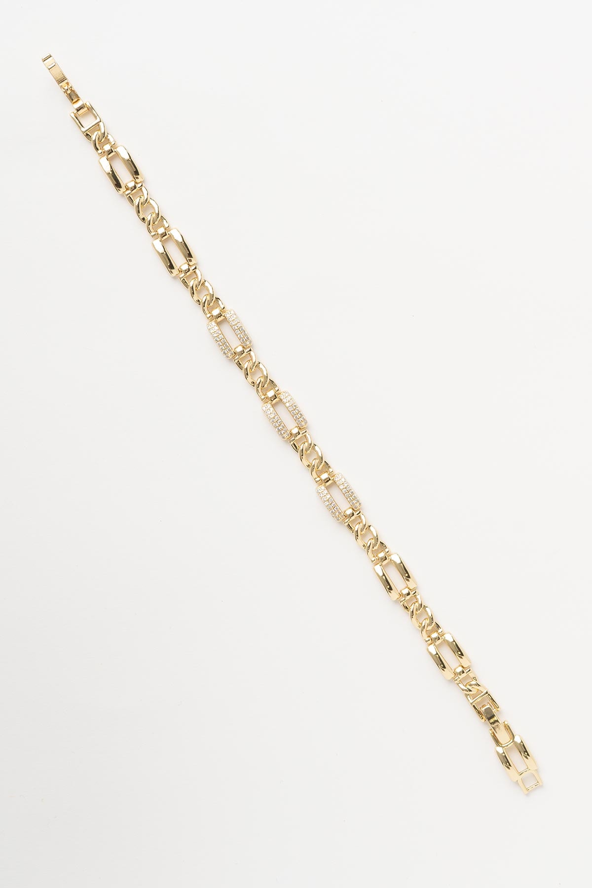 Gold 14K Üçlü Zirkon Detay Kare Zincir Sıralı Luxury Bileklik ABL7509