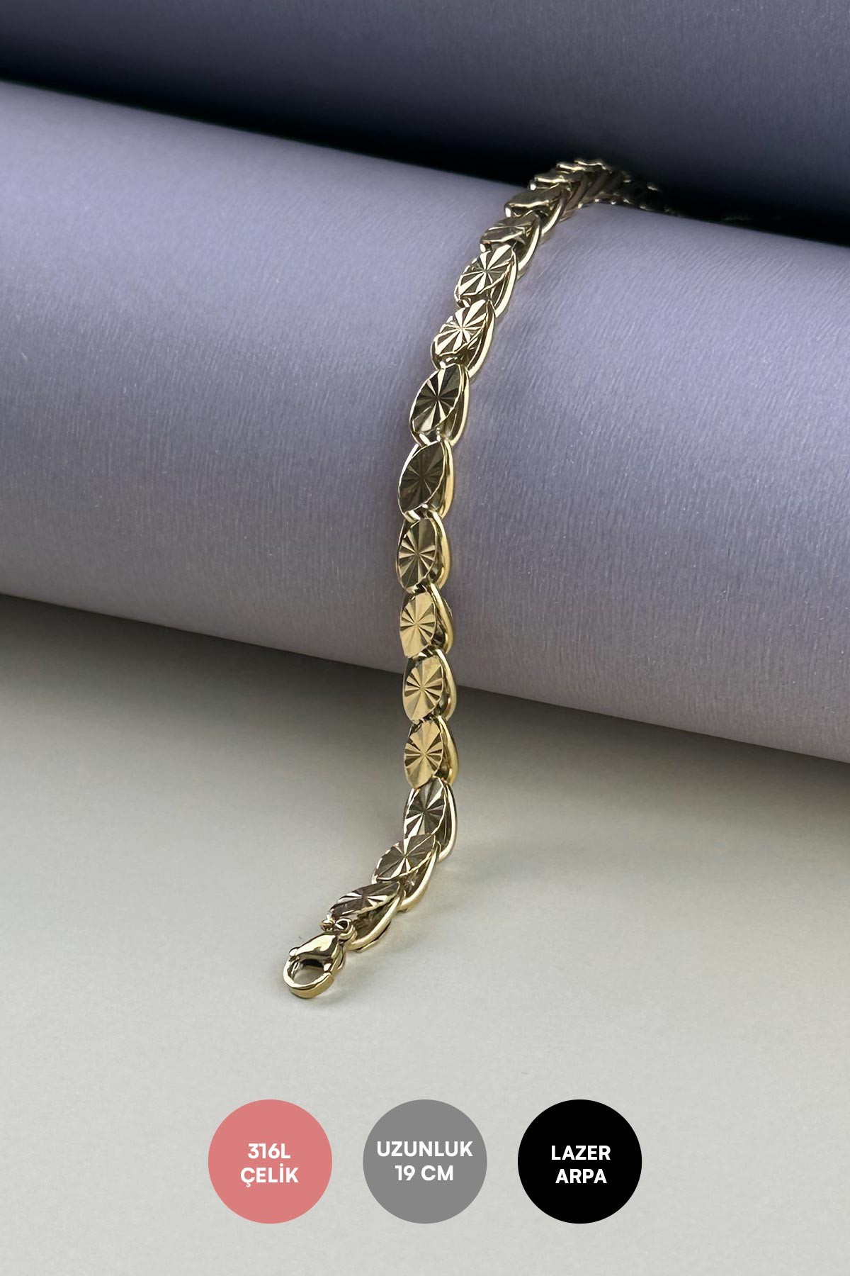 Gold Lazer Kesim Detay Arpa Zincir Çelik Bileklik ABL6707