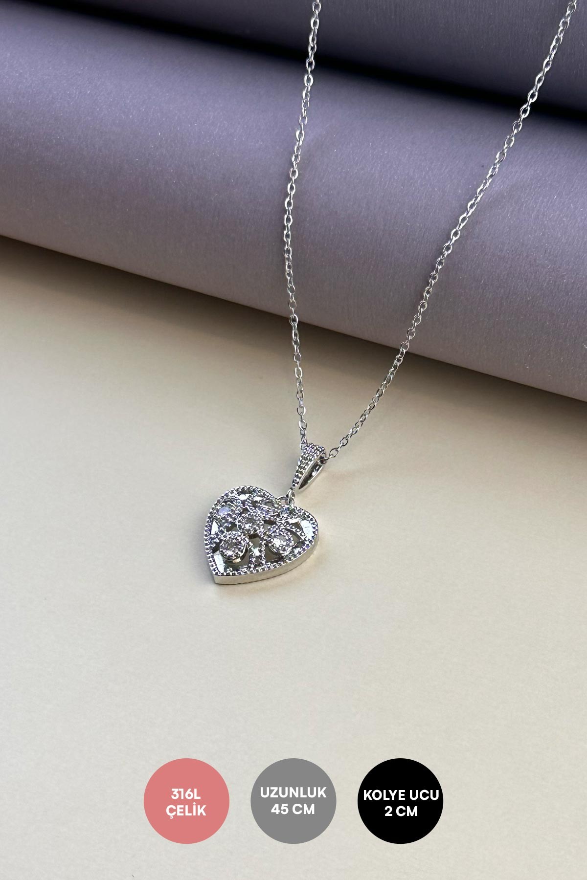 Silver Minimal Zincir Tektaş Detay Dolgulu Büyük Kalp Sallantılı Çelik Kolye 45 cm AKL4085