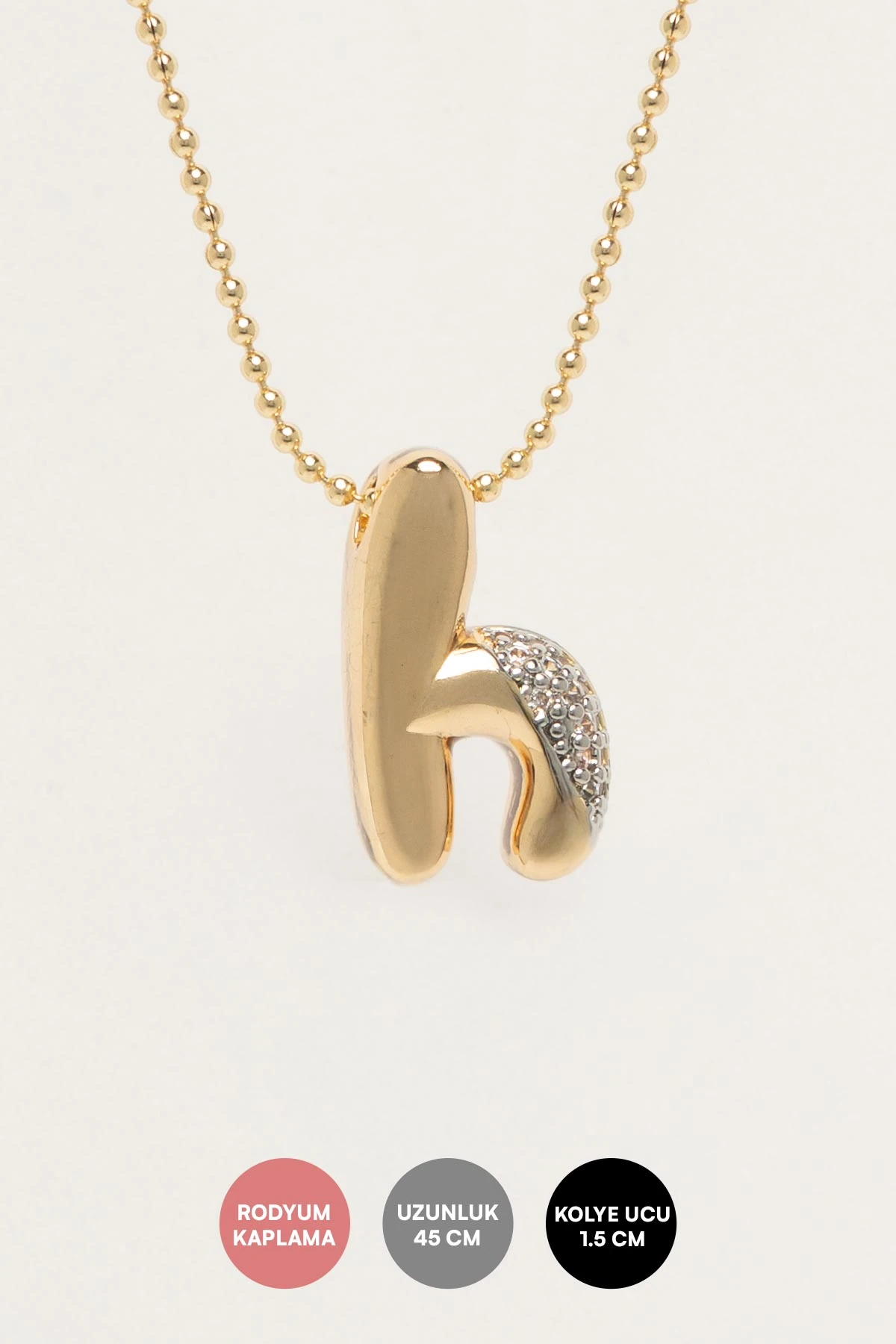 Gold Minimal Topçuk Zincir Zirkon Detay H Harf 45cm Luxury Kolye AKL4439