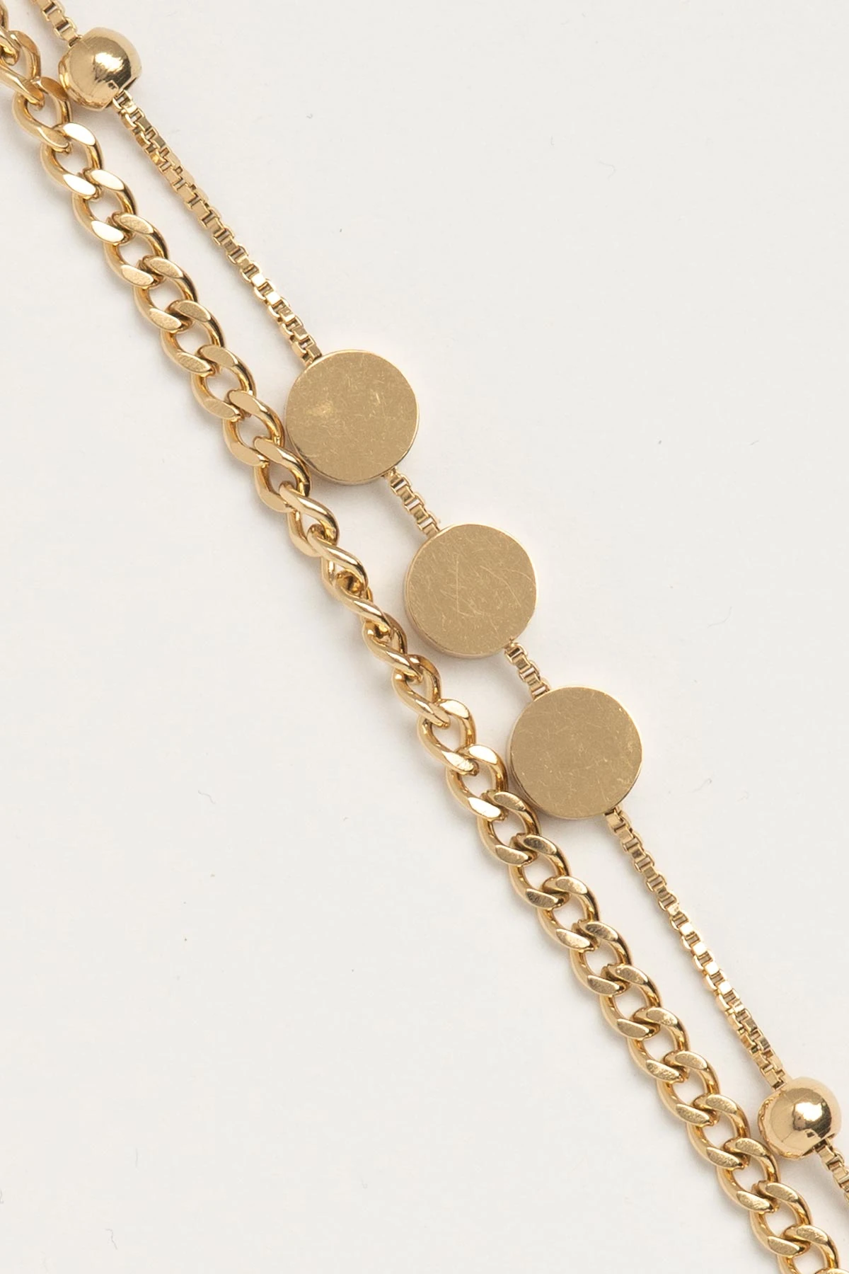 Gold Çift Zincir Üçlü Kalın Yassı Pul Mini Topçuk Detay Çelik Bileklik ABL6518