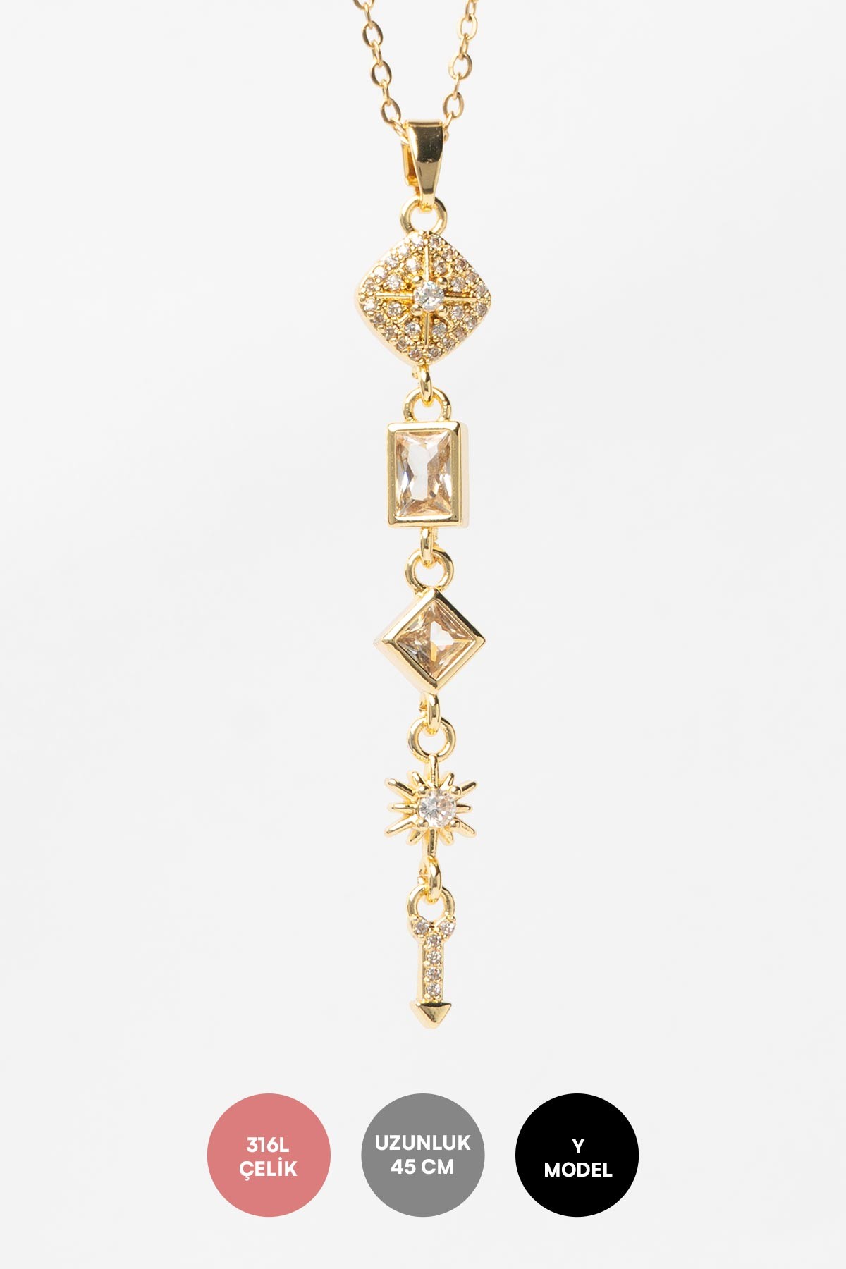 Gold Minimal Zincir Zirkon Detay Karo Ve Kristal Taşlı Kareler Sallantılı 45cm Çelik Kolye AKL4147