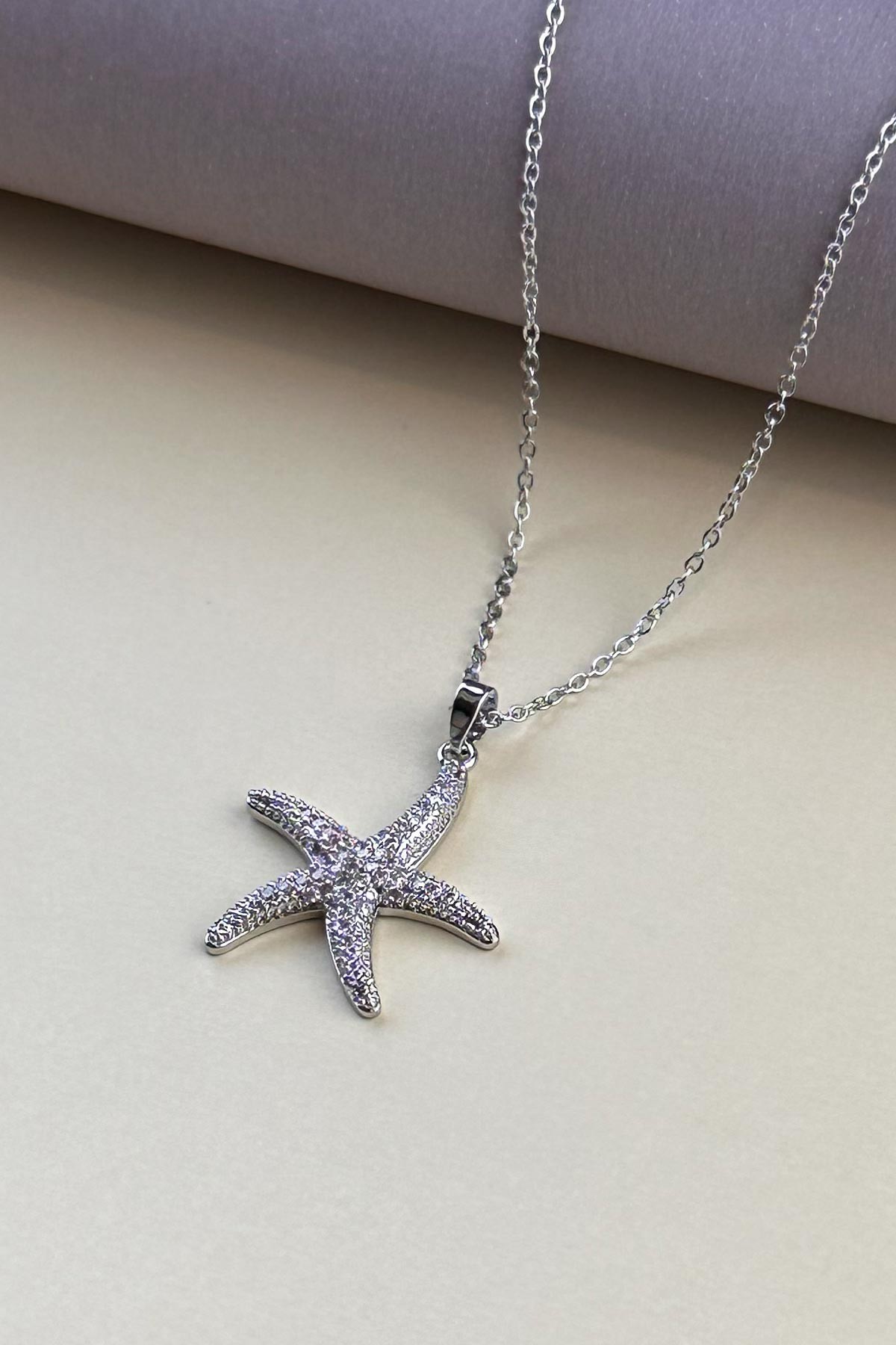 Silver Minimal Zincir Zirkon Kaplı Büyük Deniz Yıldızı Sallantlı Çelik Kolye 45 cm AKL4083
