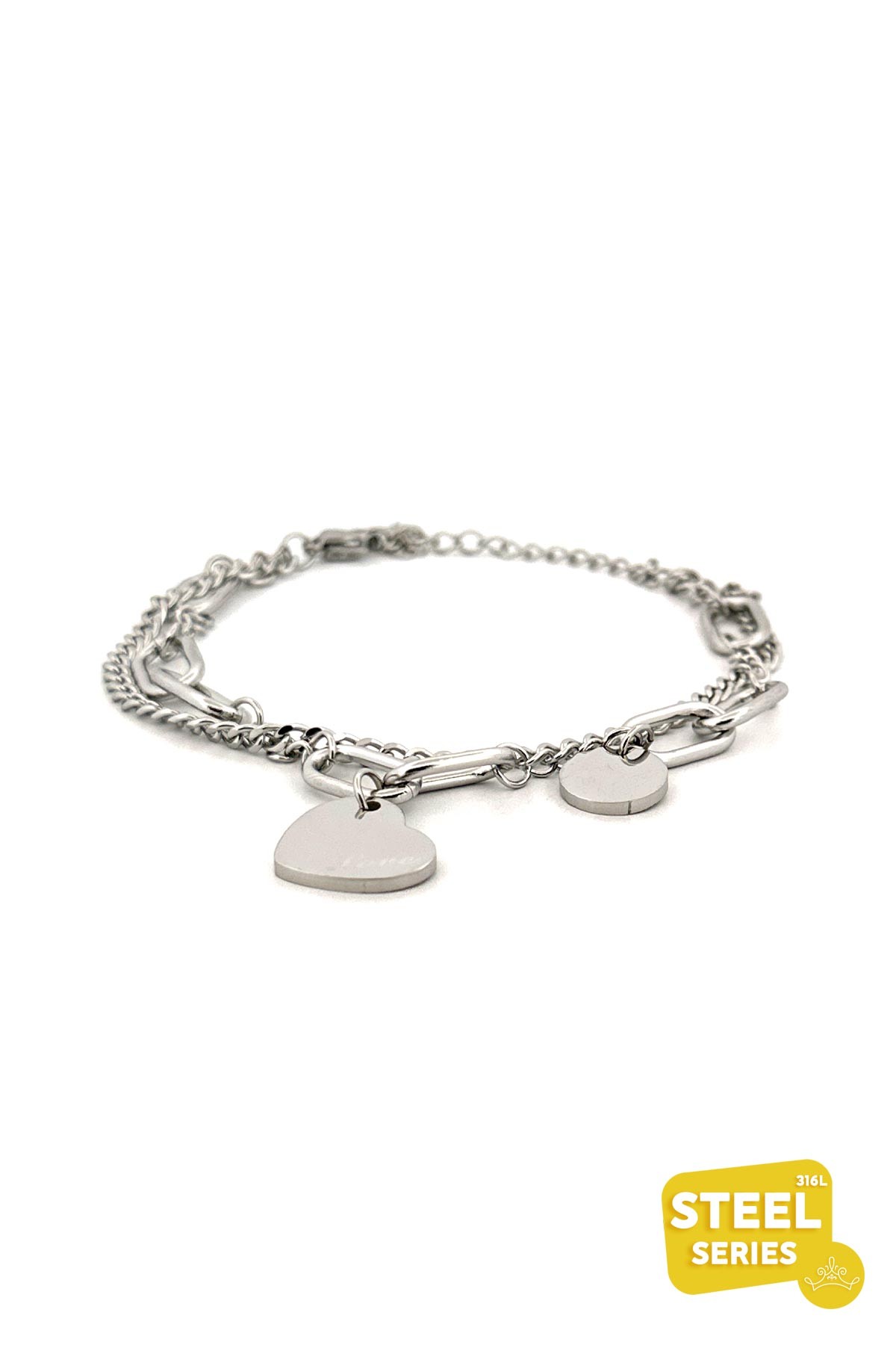 Silver Çift Zincir Pul Ve Love Kalp Sallantılı Çelik Bileklik ABL7048