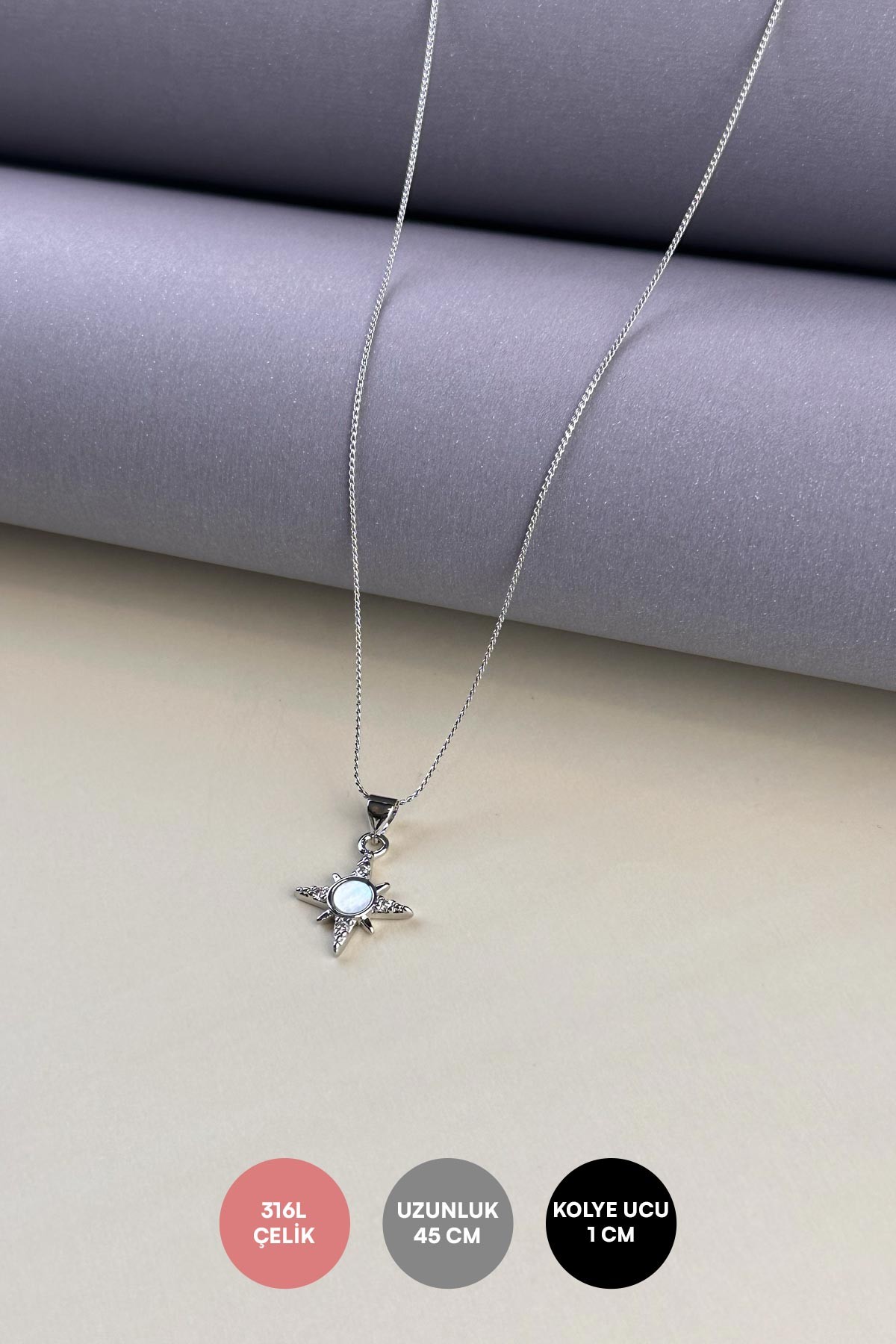 Silver Minimal Zincir Sedefli Zirkon Kuzey Yıldızı Çelik Kolye 45 cm AKL3883