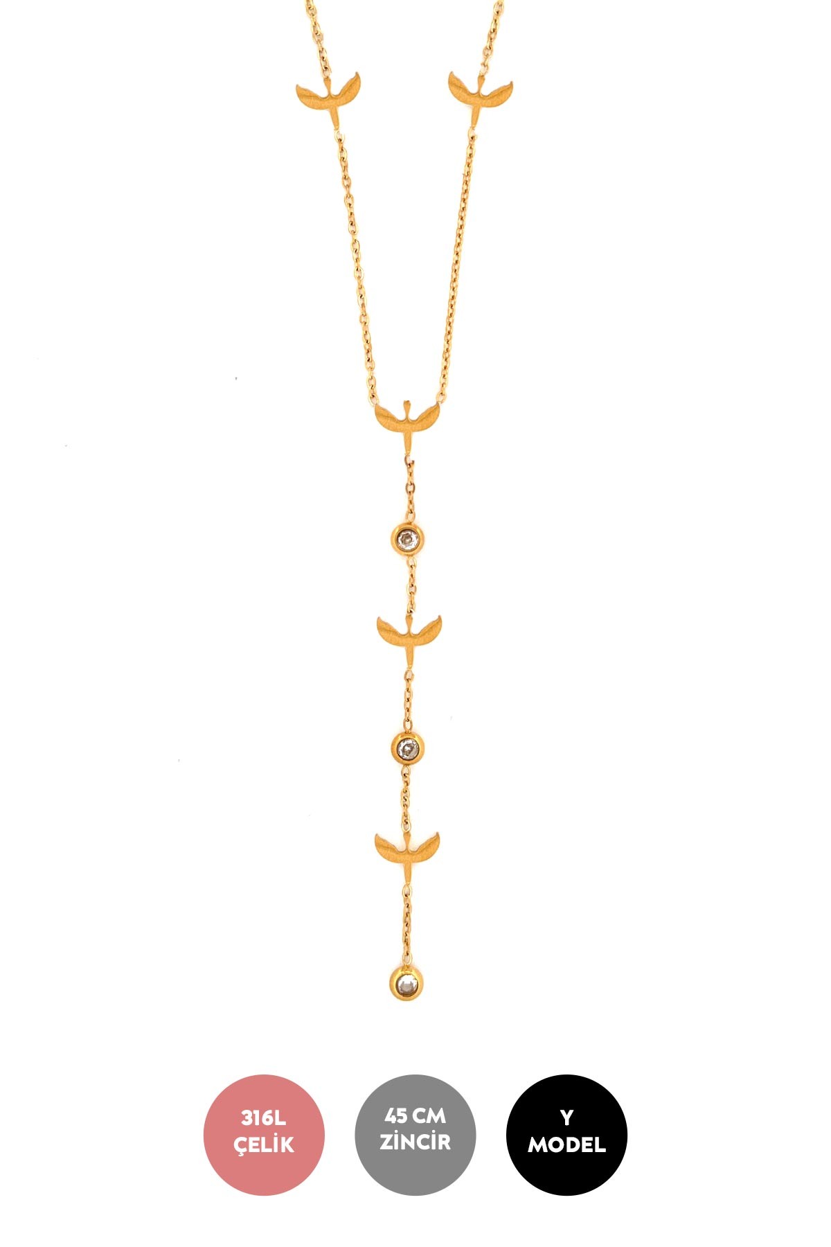Gold Y Tasarım Minimal Tektaş ve Melek Detay Çelik Kolye 45 cm AKL3752